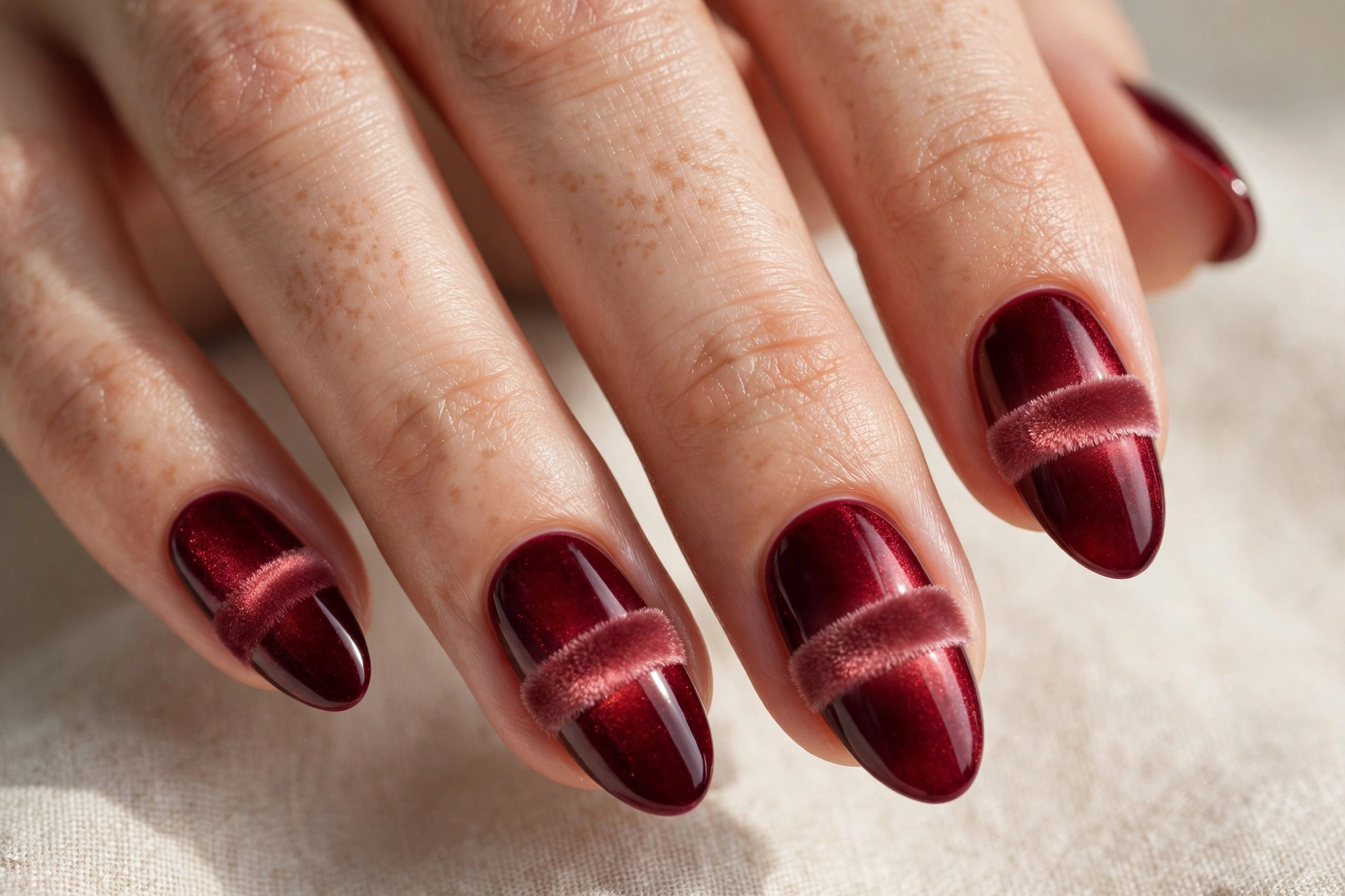 Wine red velvet cat eye magnetic nails with plush glowing band