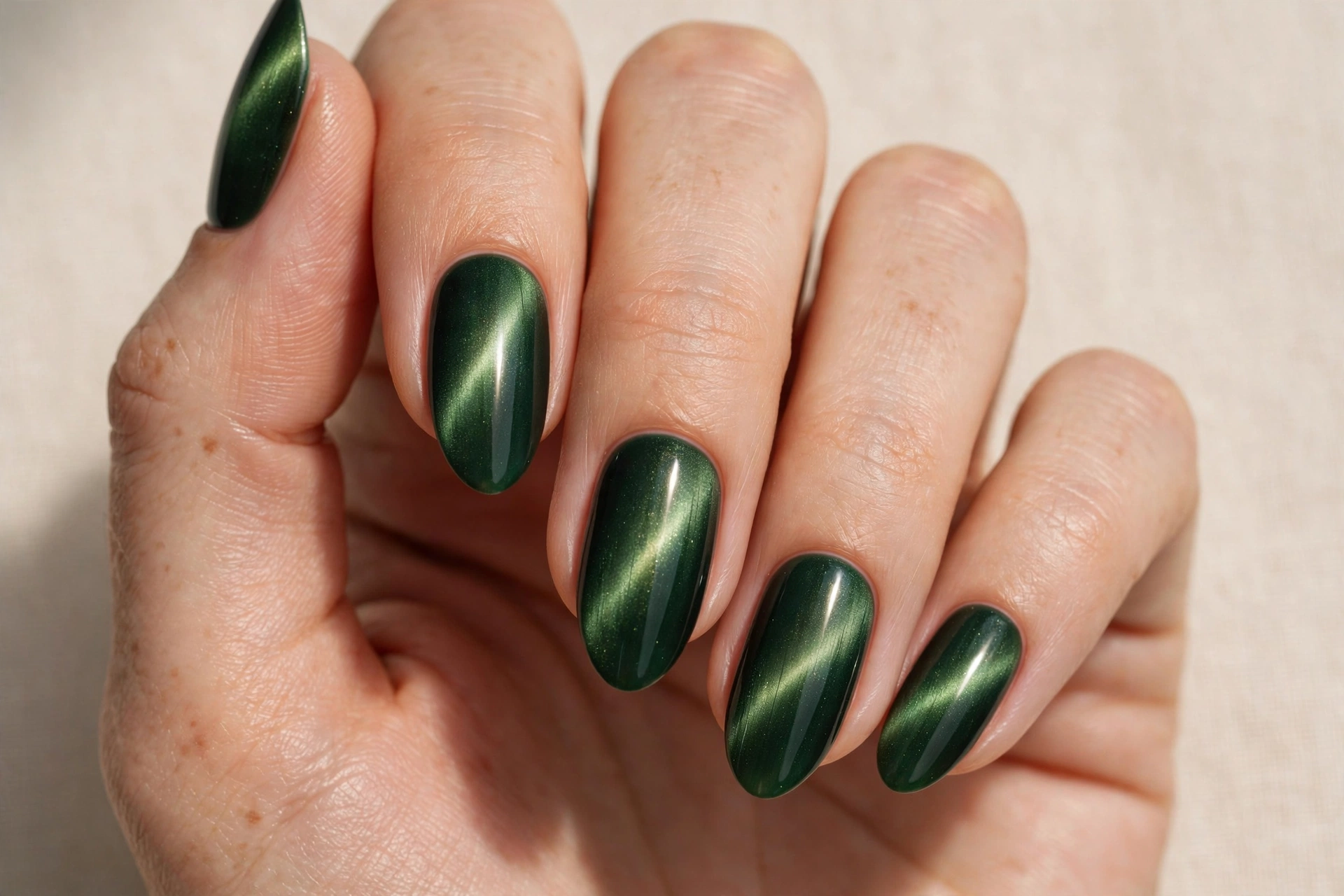Forest green cat eye magnetic nails with luminous light band