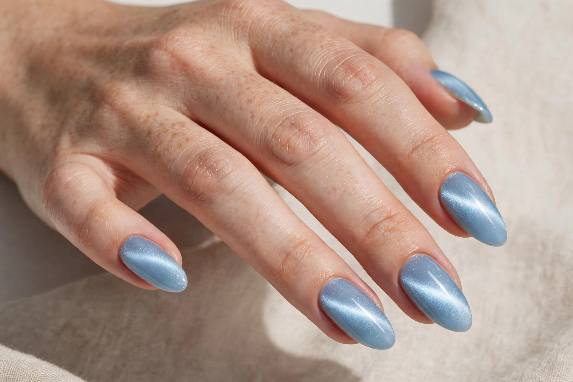 Icy blue cat eye magnetic nails with frosty bright band
