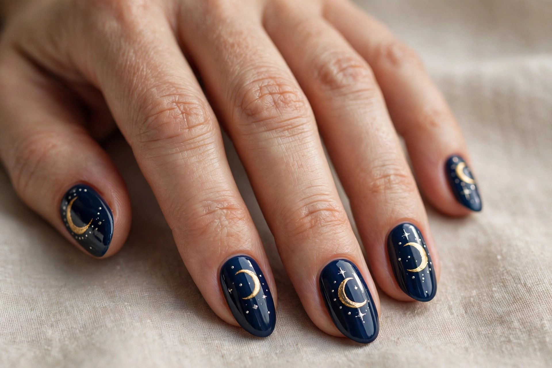 Crescent moon nail designs with gold crescent moons on deep navy almond nails