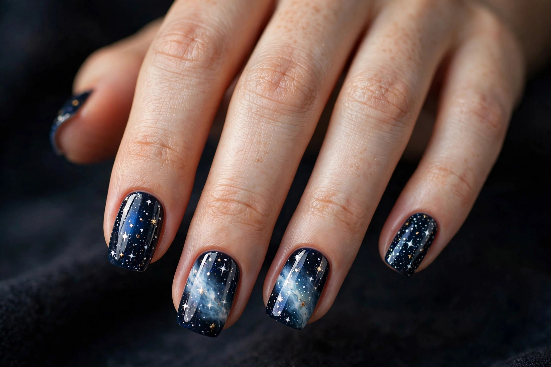 Starry night sky nails with tiny gold and white stars and milky way swirl