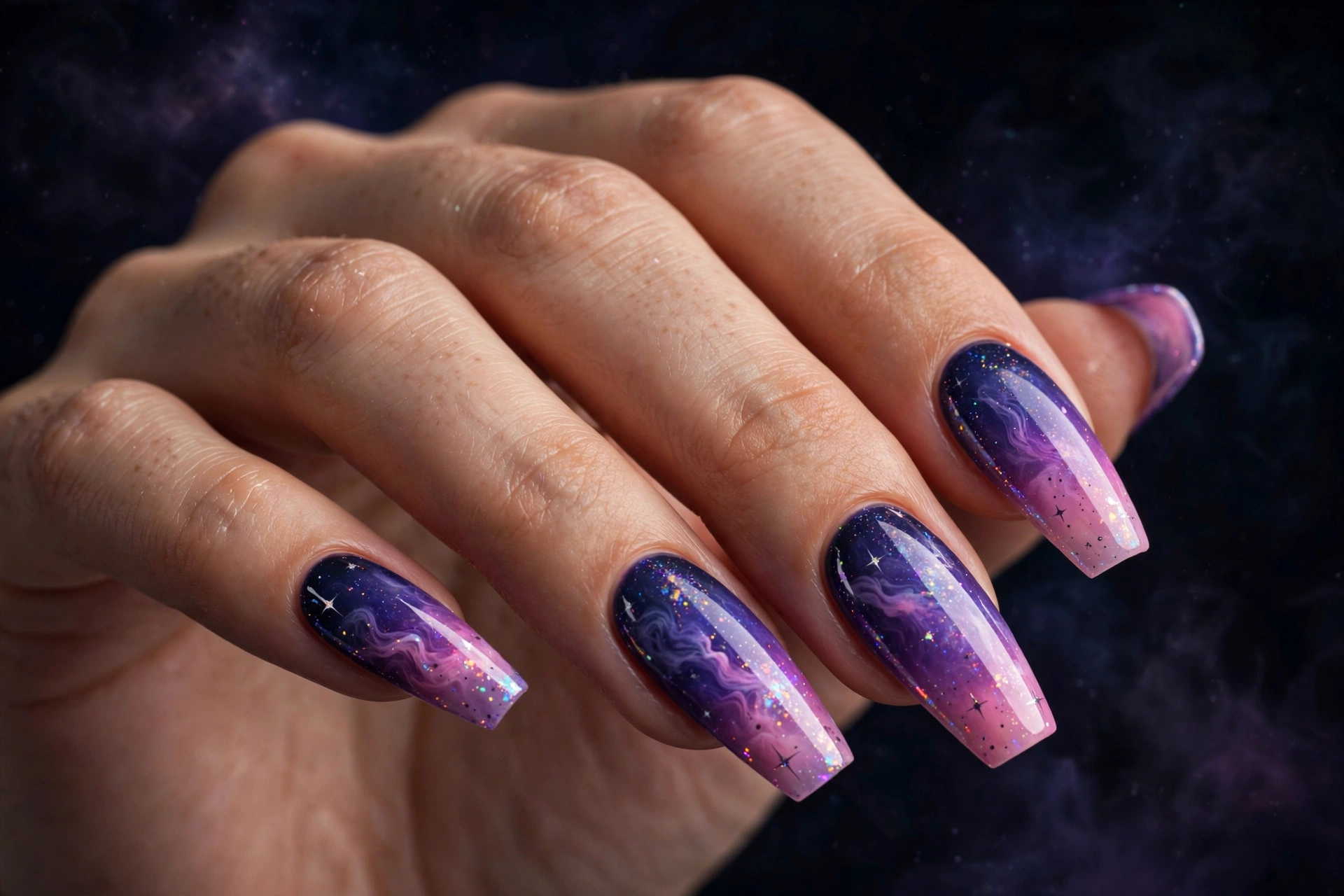 Galaxy ombre nails blending indigo, violet, and pink with nebula swirls
