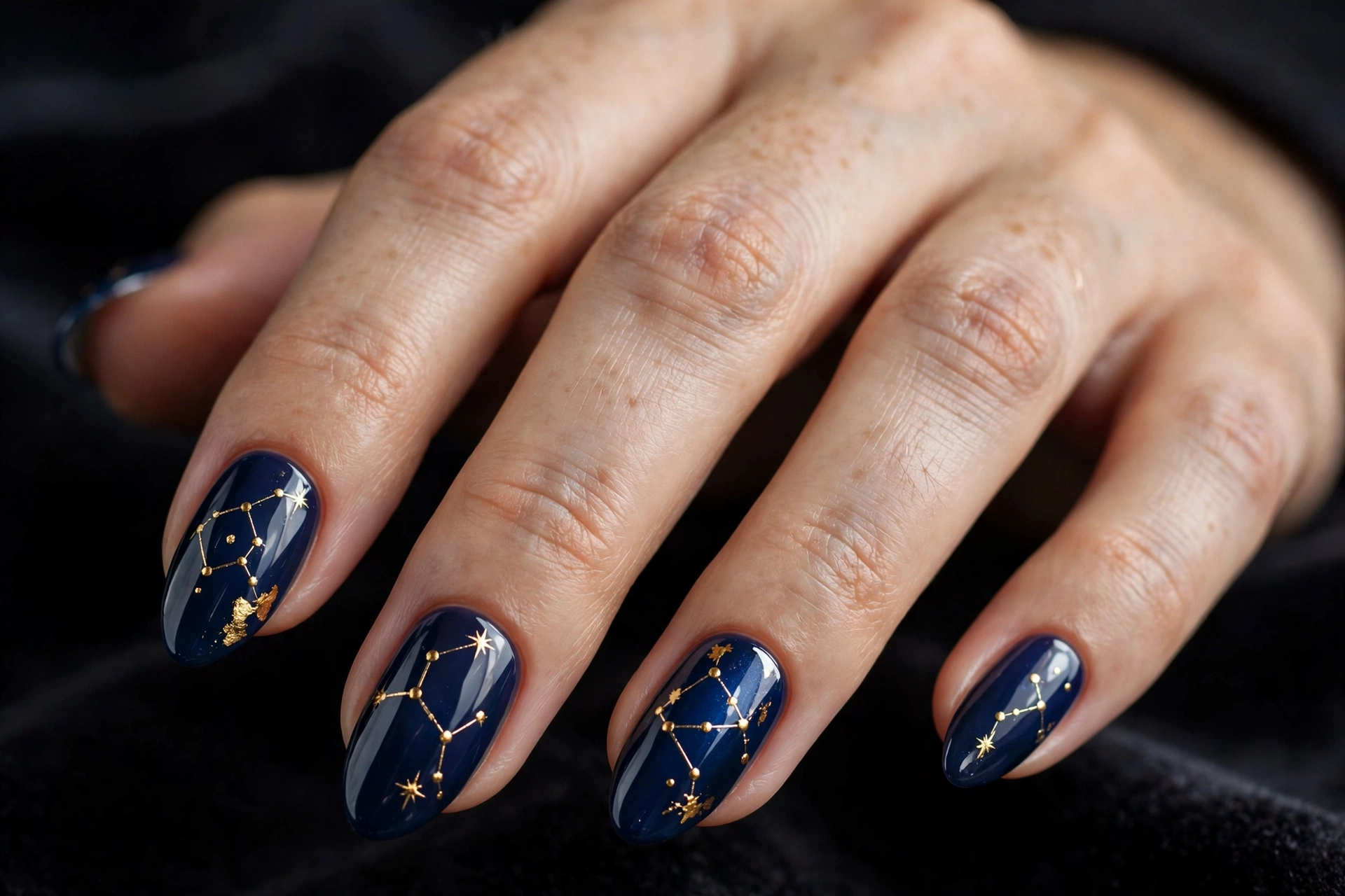 Gold foil constellation nail art on deep sapphire blue nails