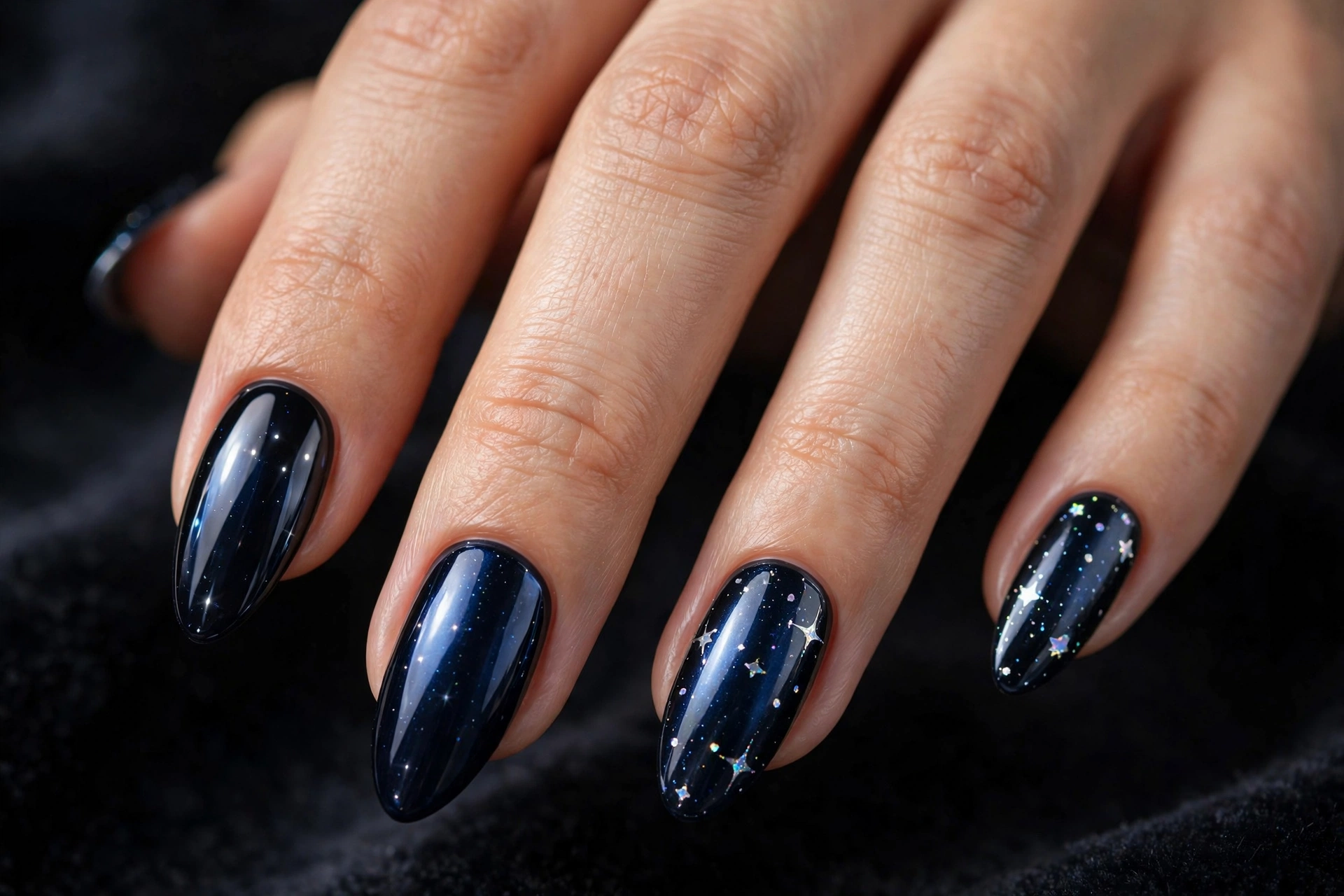 Midnight blue chrome nails with mirror shine and holographic star accents