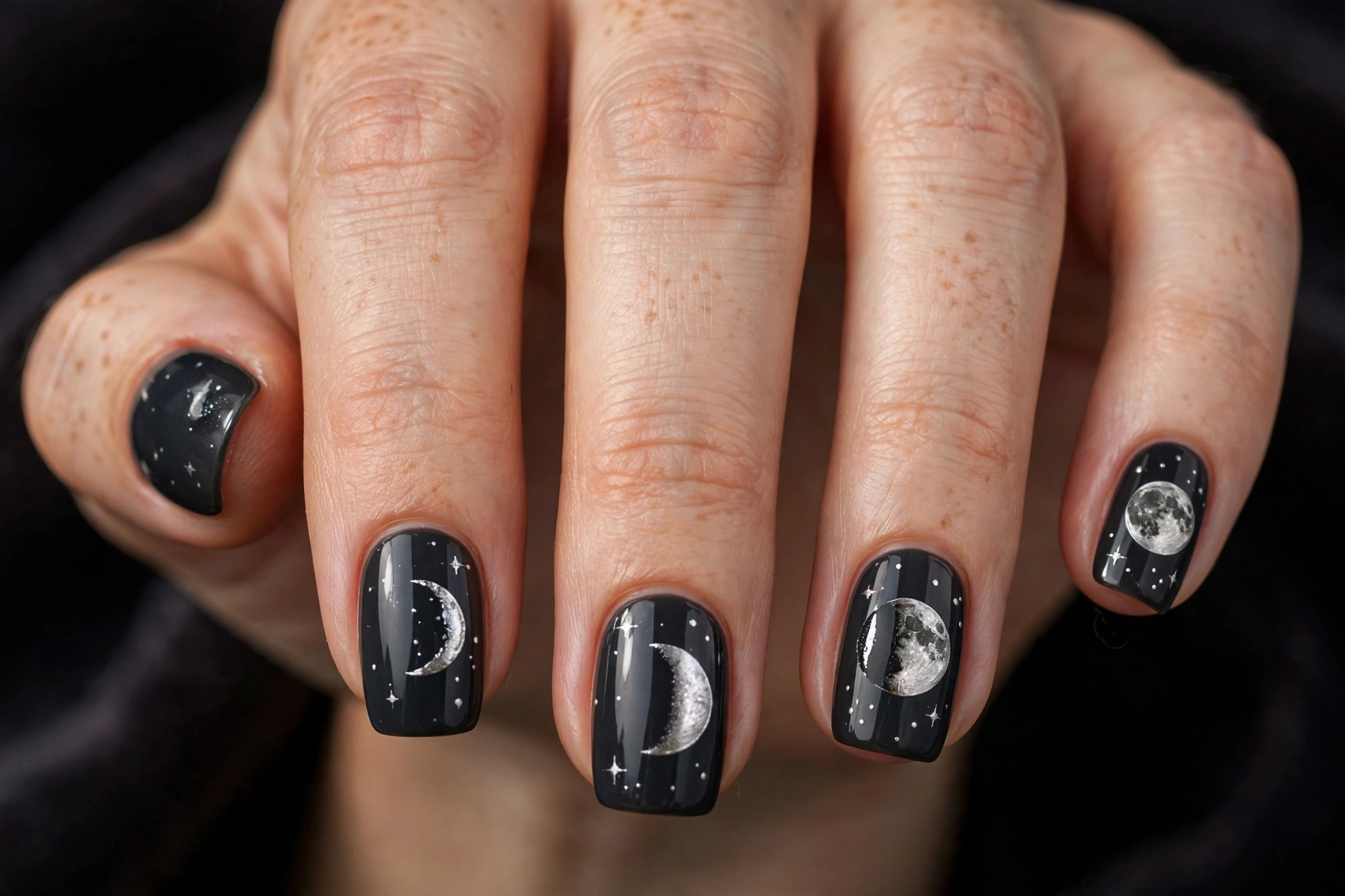 Silver moon phase nail art showing crescent to full moon on black nails