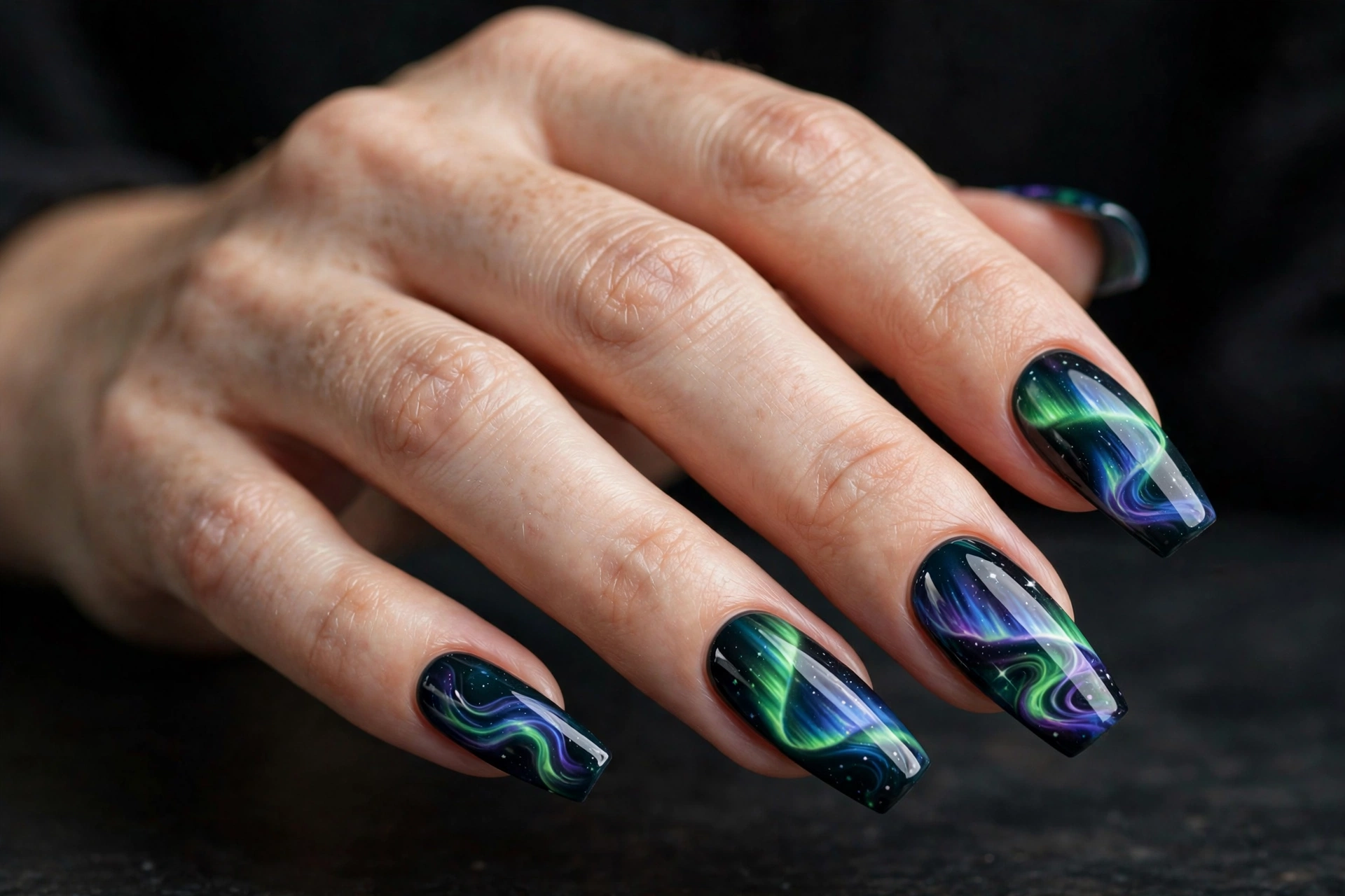Aurora borealis nails with green, blue, and purple northern lights ribbons