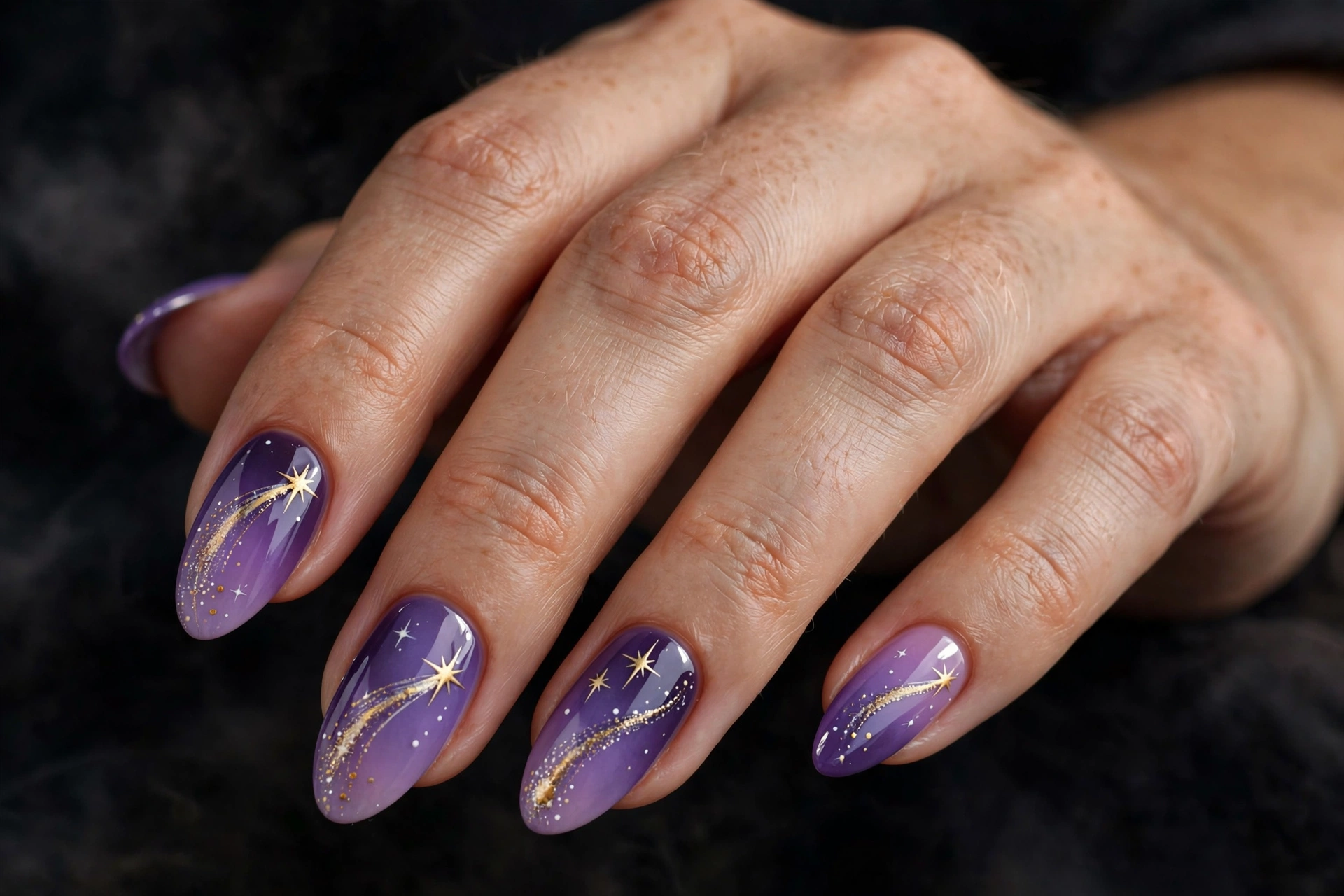 Shooting star nail designs with golden comets on twilight purple gradient