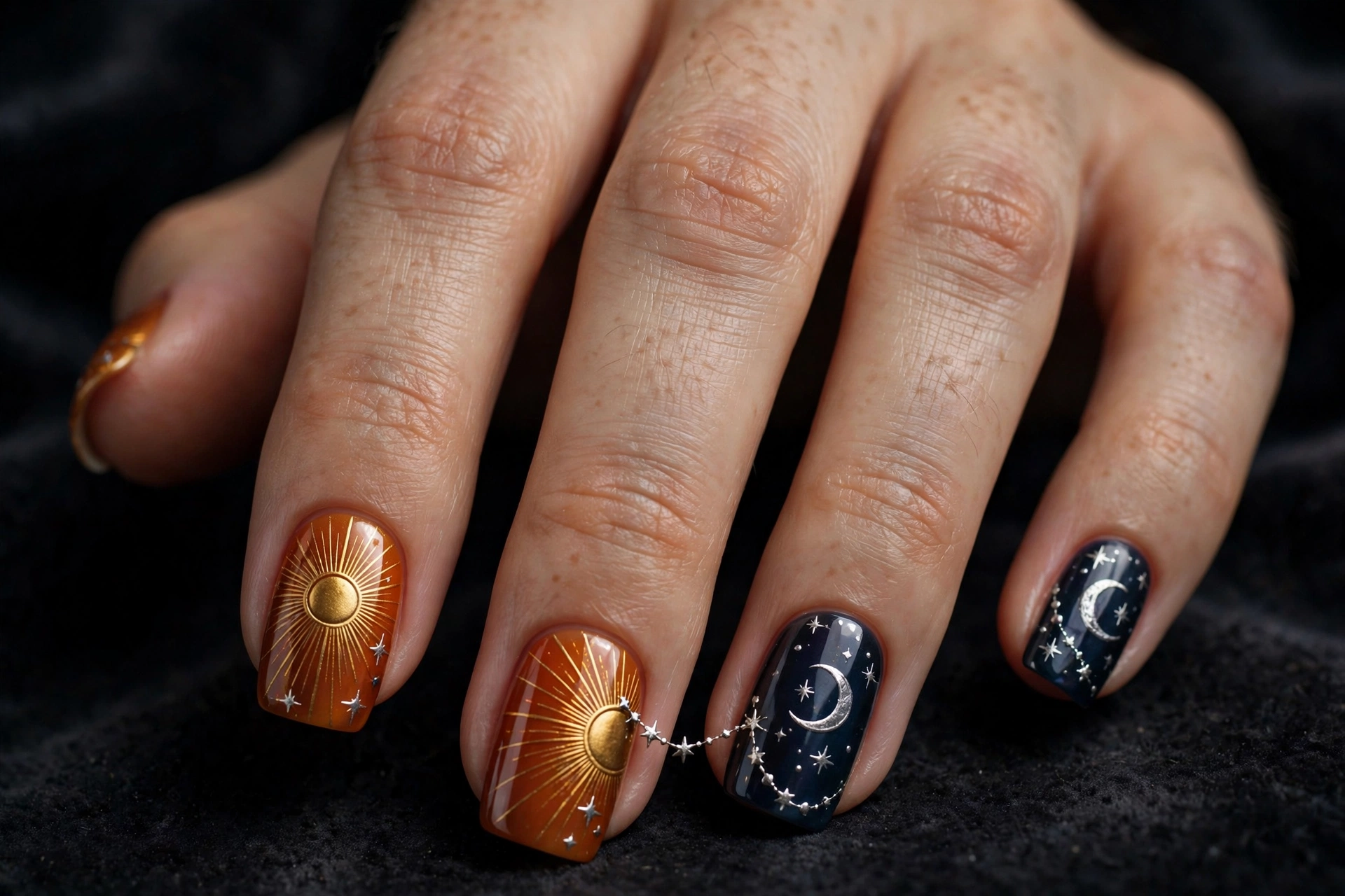 Sun and moon nail art with golden sun rays and silver crescent moons
