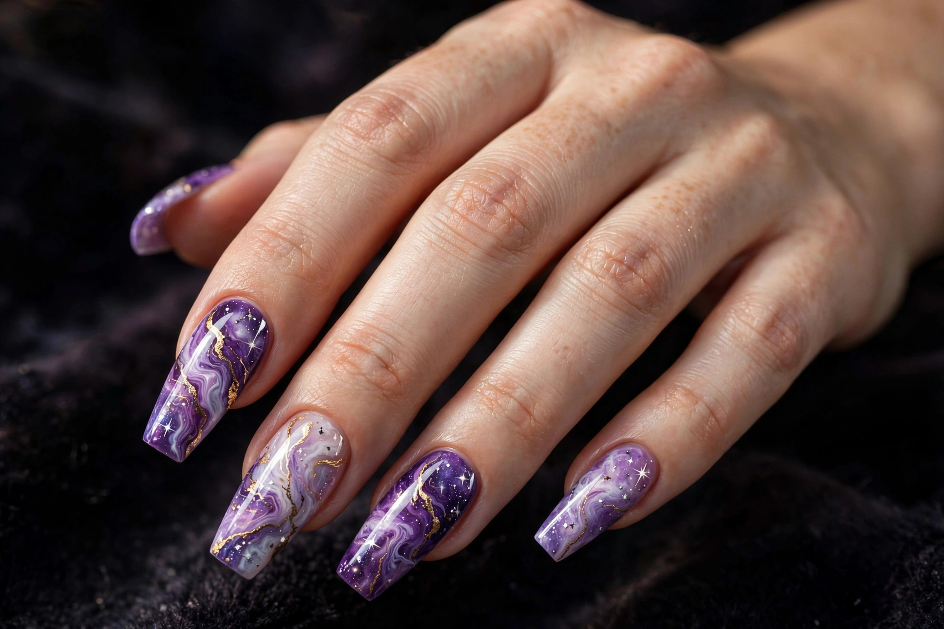 Cosmic purple marble nails with gold veins and silver star specks