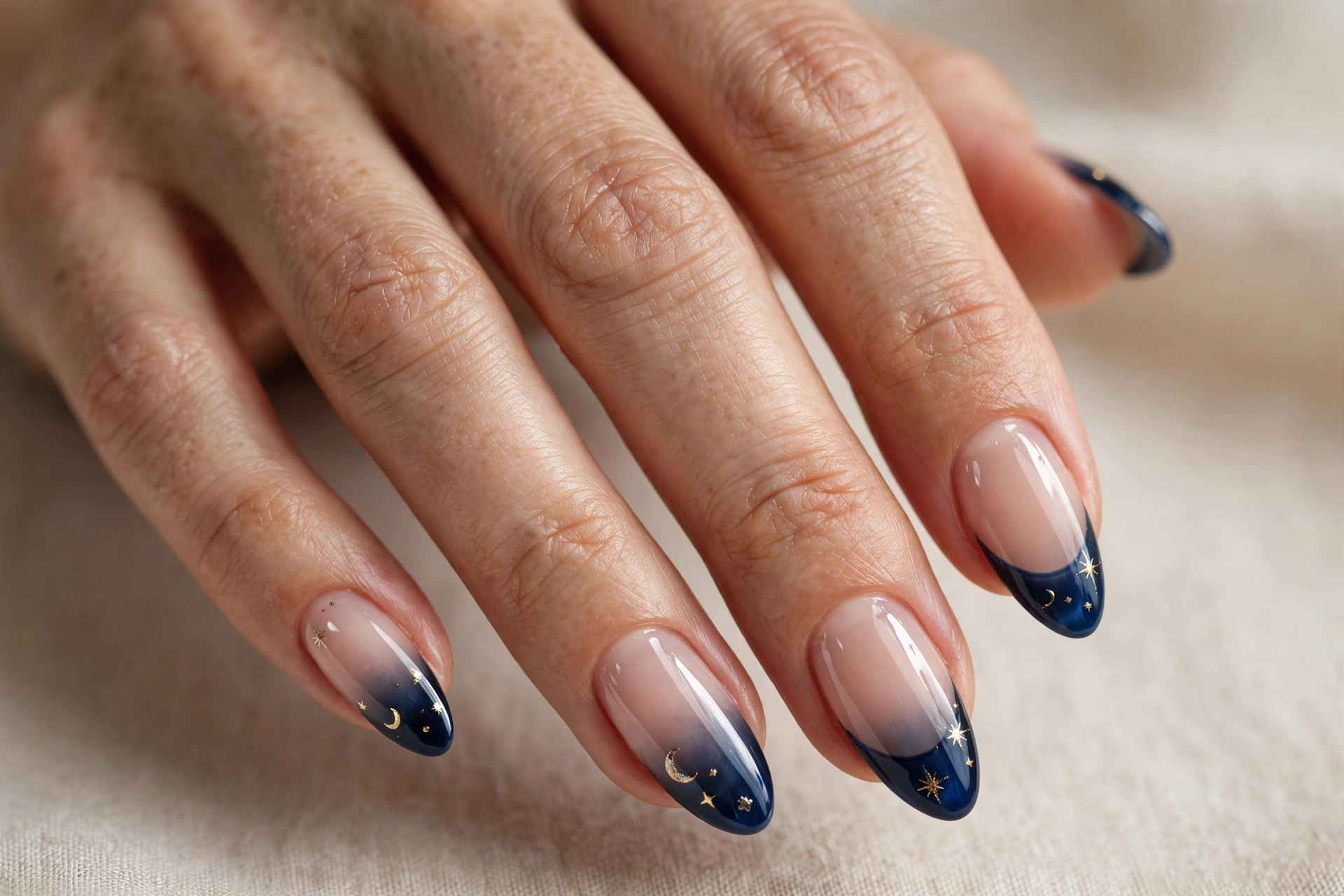 Celestial French tip nails with midnight blue gradient tips and gold stars