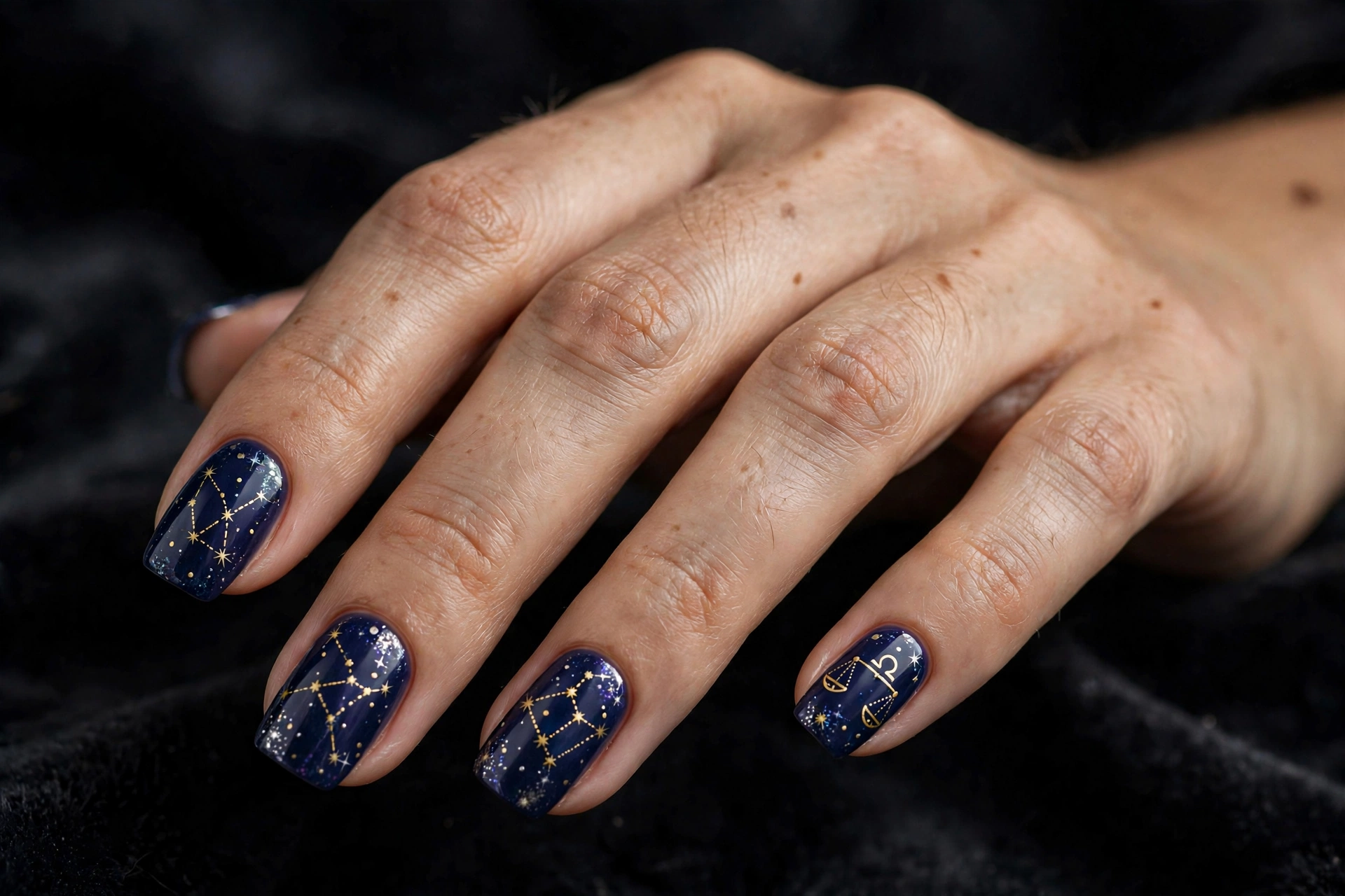 Zodiac constellation nail art with gold symbols on indigo night sky