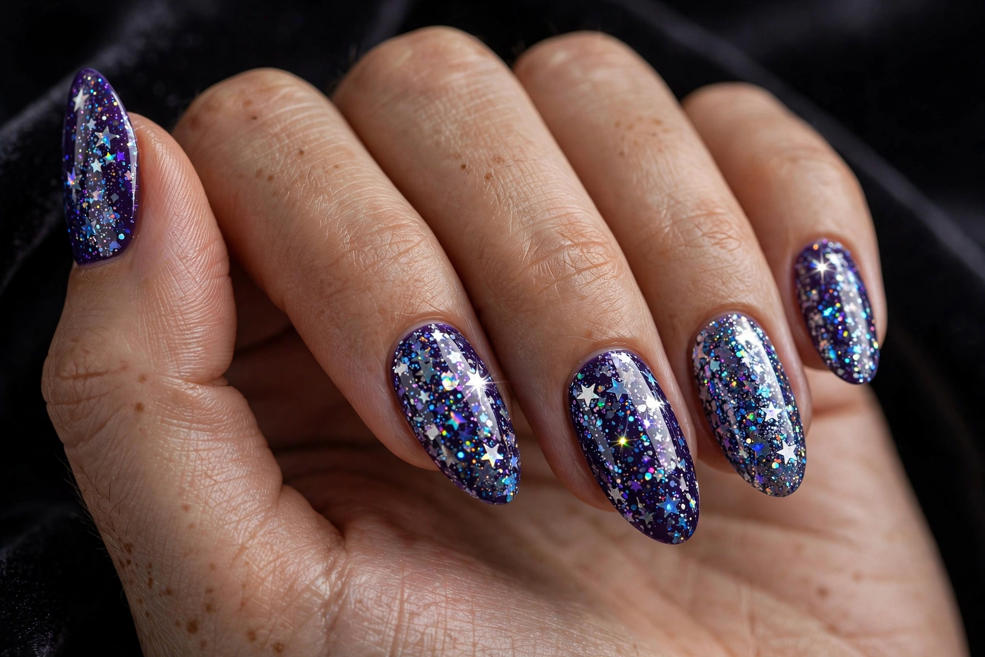 Twinkling star glitter nails with iridescent glitter on deep violet