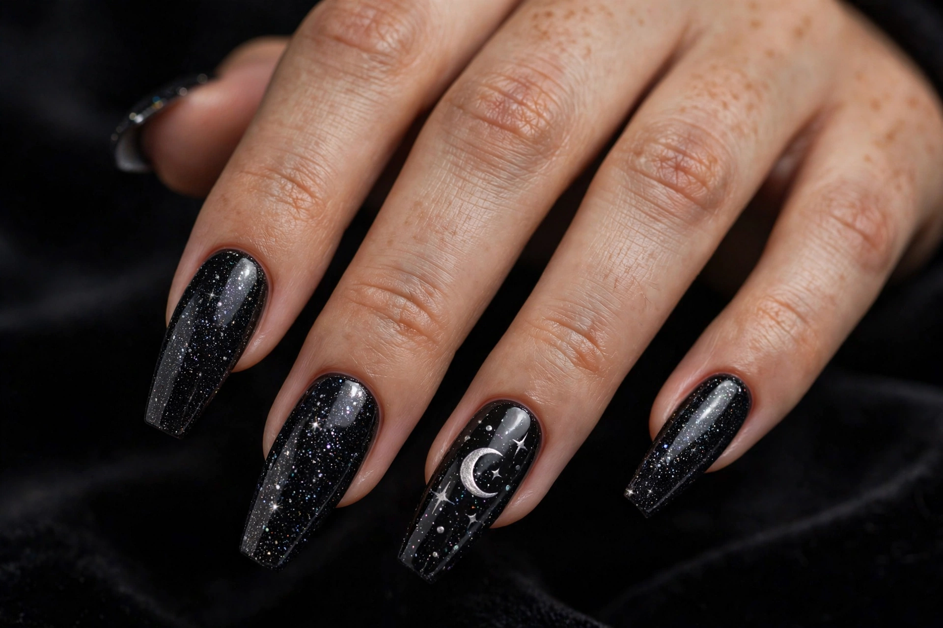 Deep space black nails with silver glitter dust and crescent moon accent