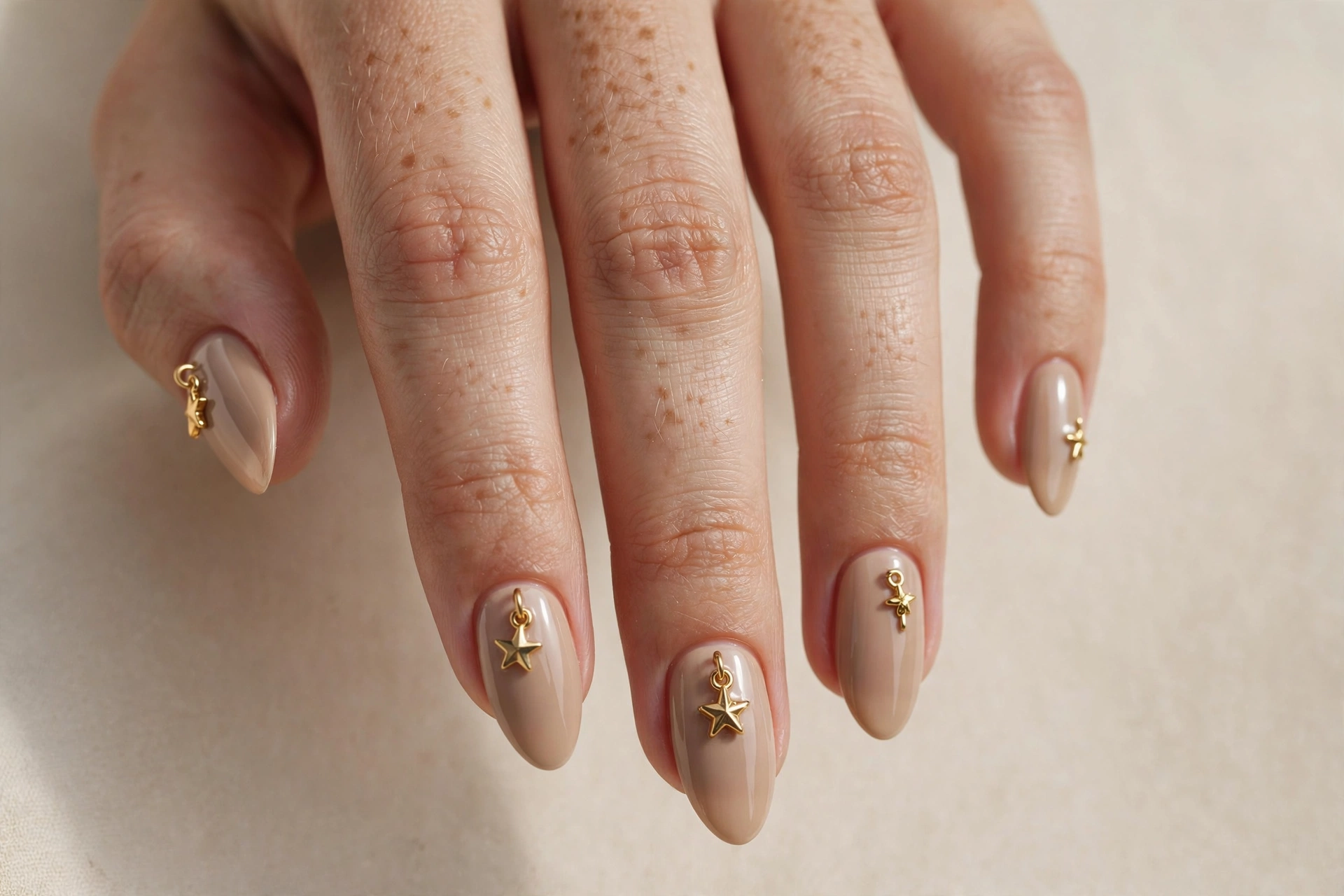 Nude almond nails with small gold star charms