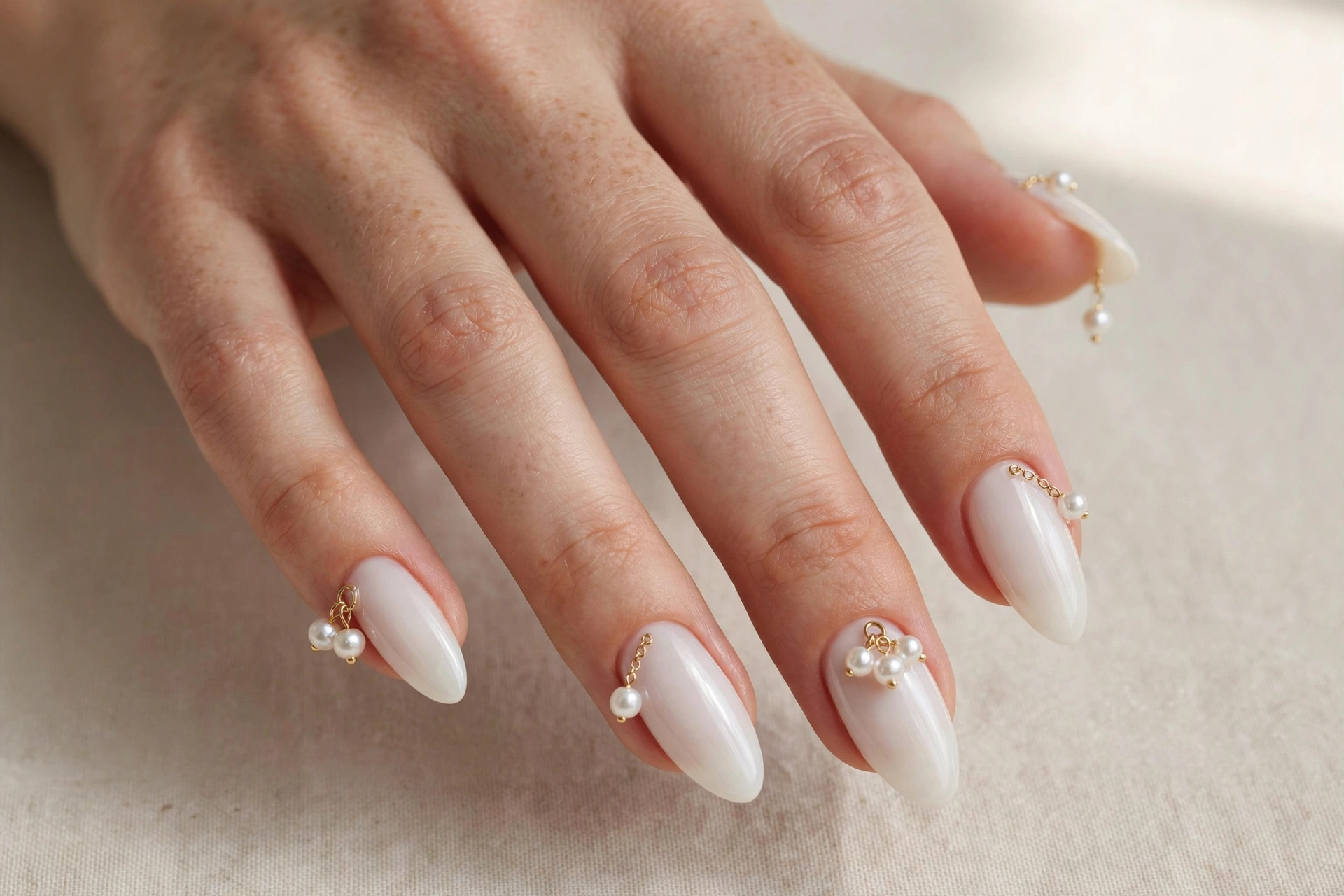 Milky white almond nails decorated with small pearl charms