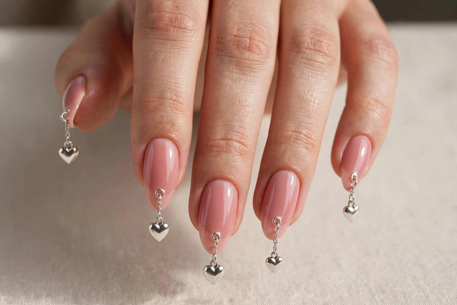 Blush pink almond nails with dangling silver heart charms
