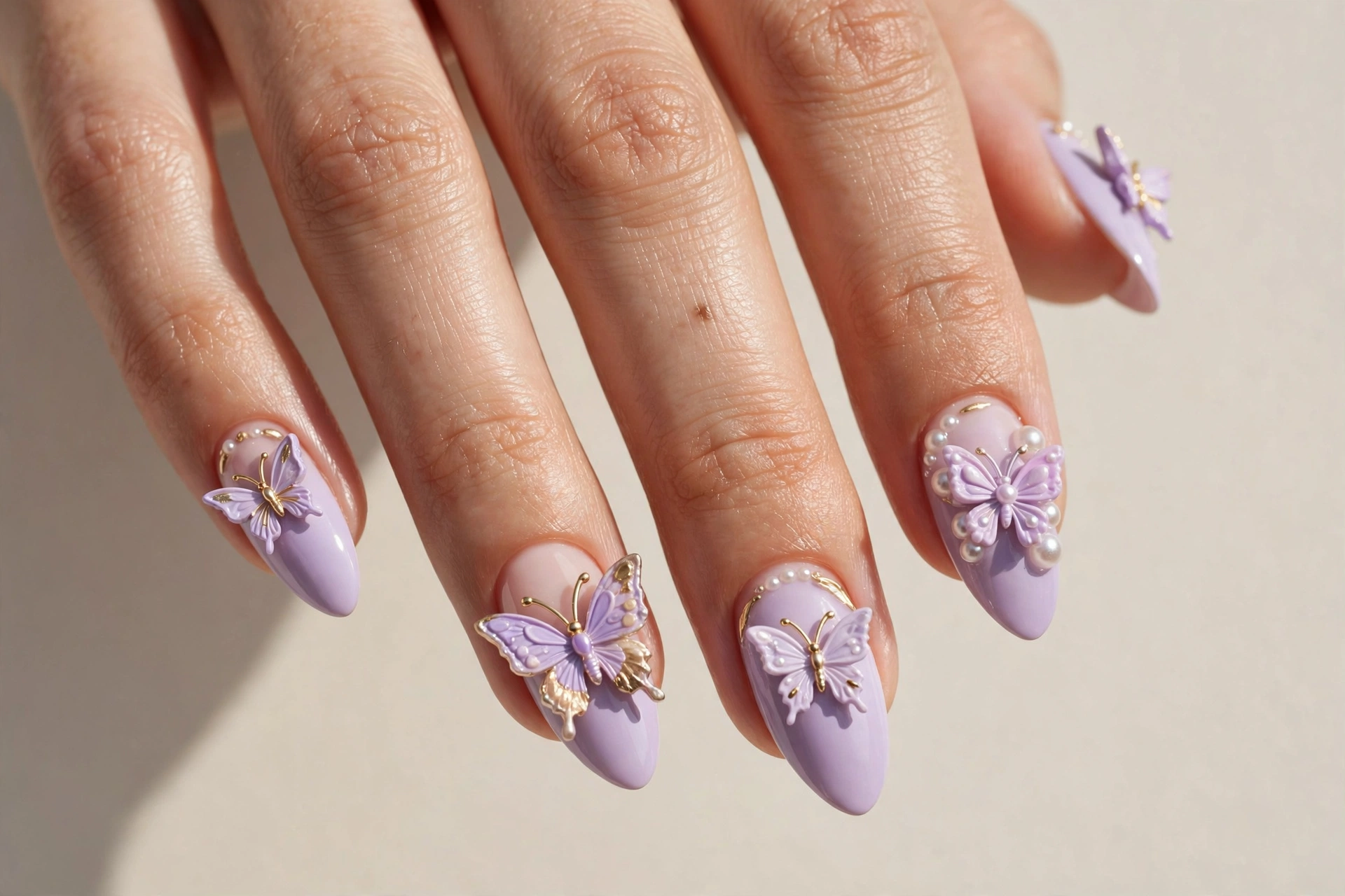 Pastel lavender almond nails with 3D butterfly charms