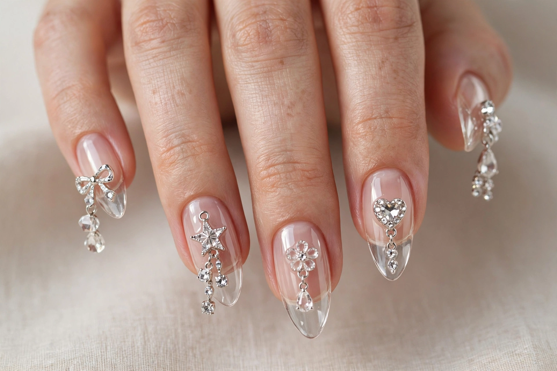 Clear glassy nude almond nails with crystal rhinestone charms