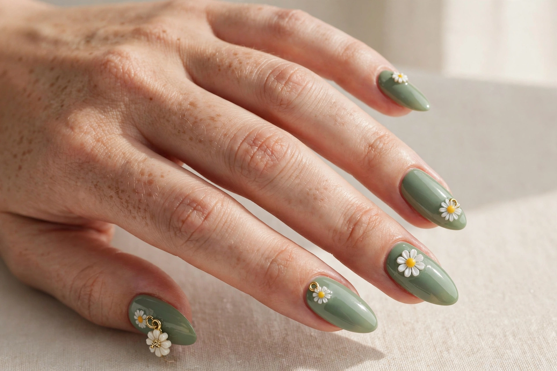 Sage green almond nails with daisy flower charms