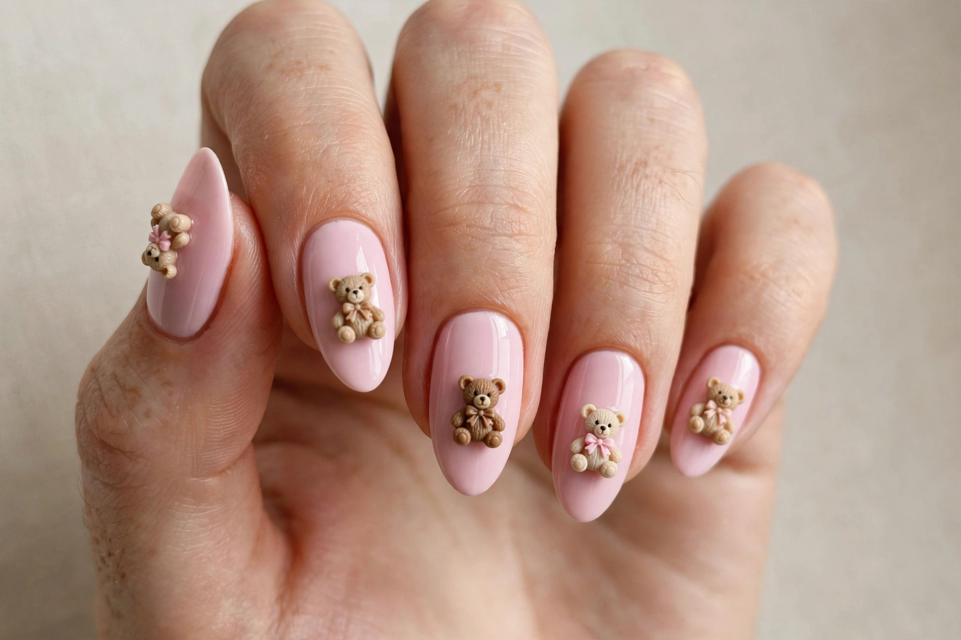 Baby pink almond nails with tiny teddy bear charms