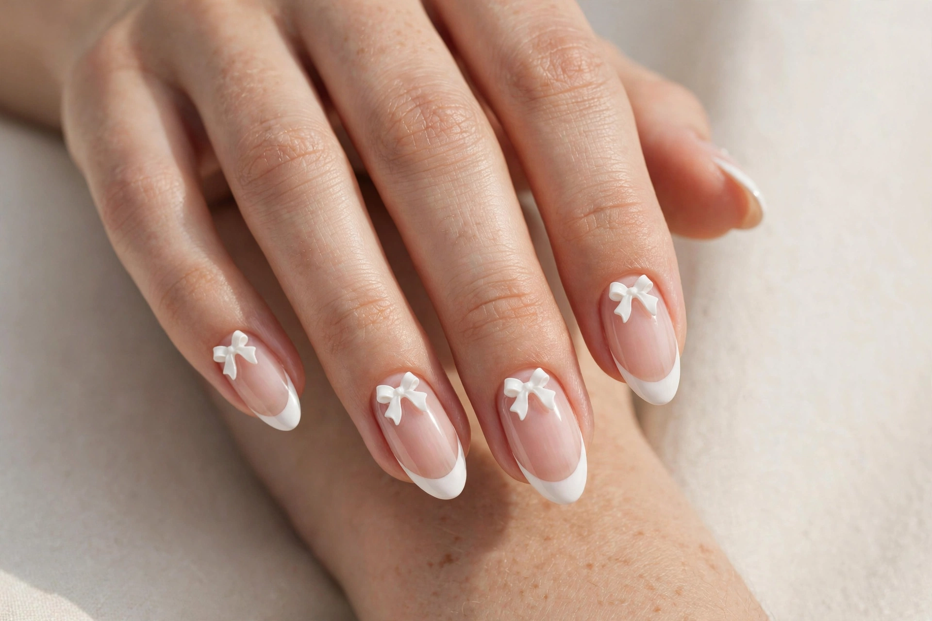 Classic French tip almond nails with small white bow charms