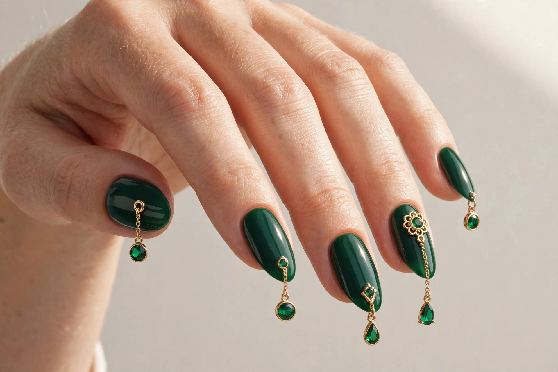 Emerald green almond nails with green gemstone charms