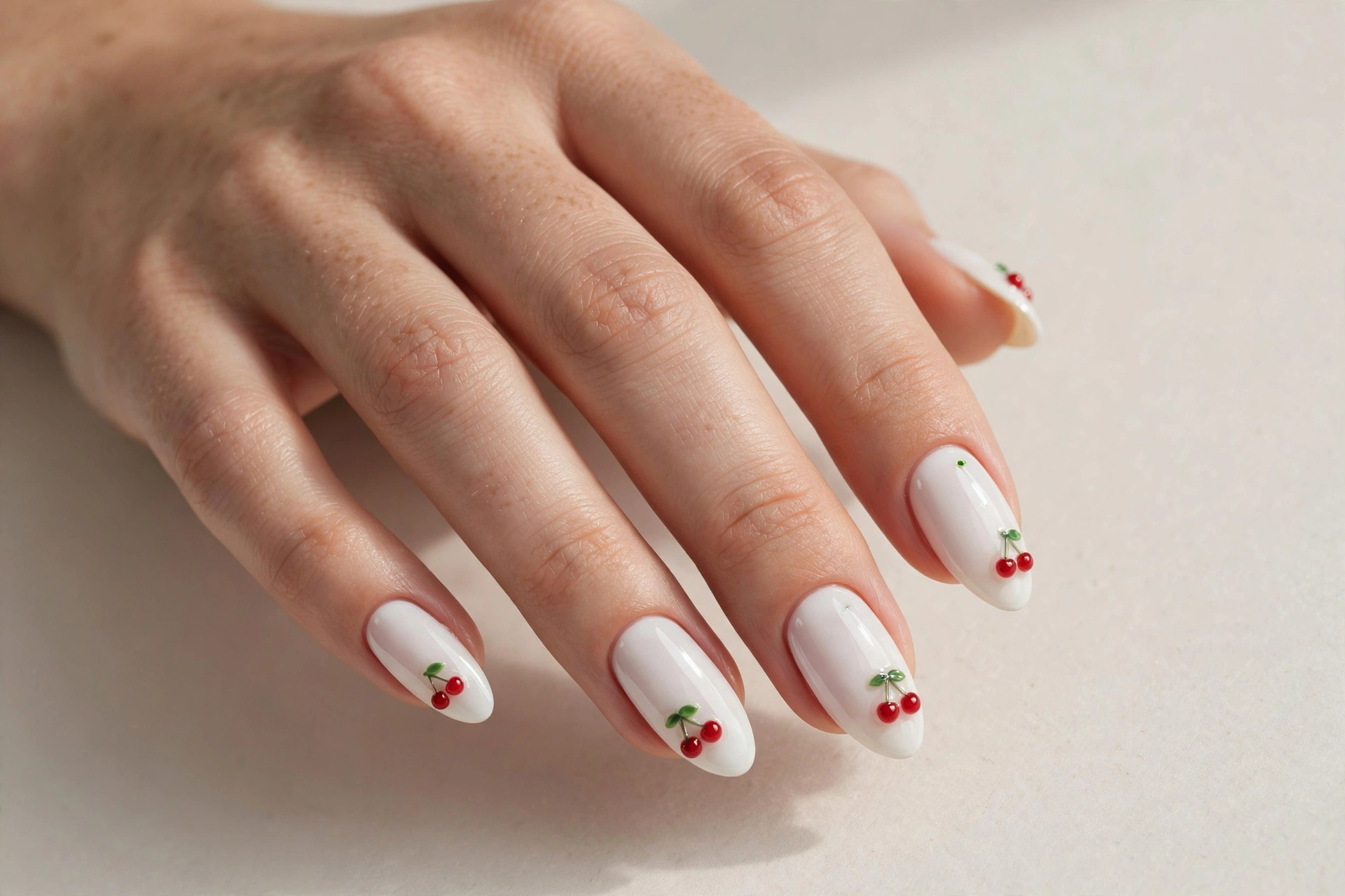 Glossy white almond nails with tiny red cherry charms