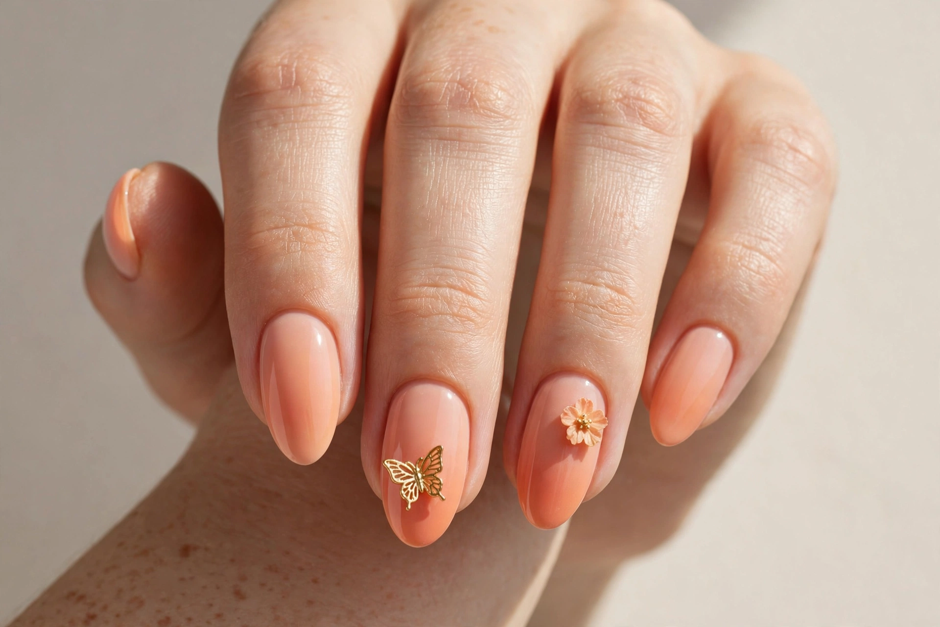 Peach ombre almond nails with butterfly and flower charms