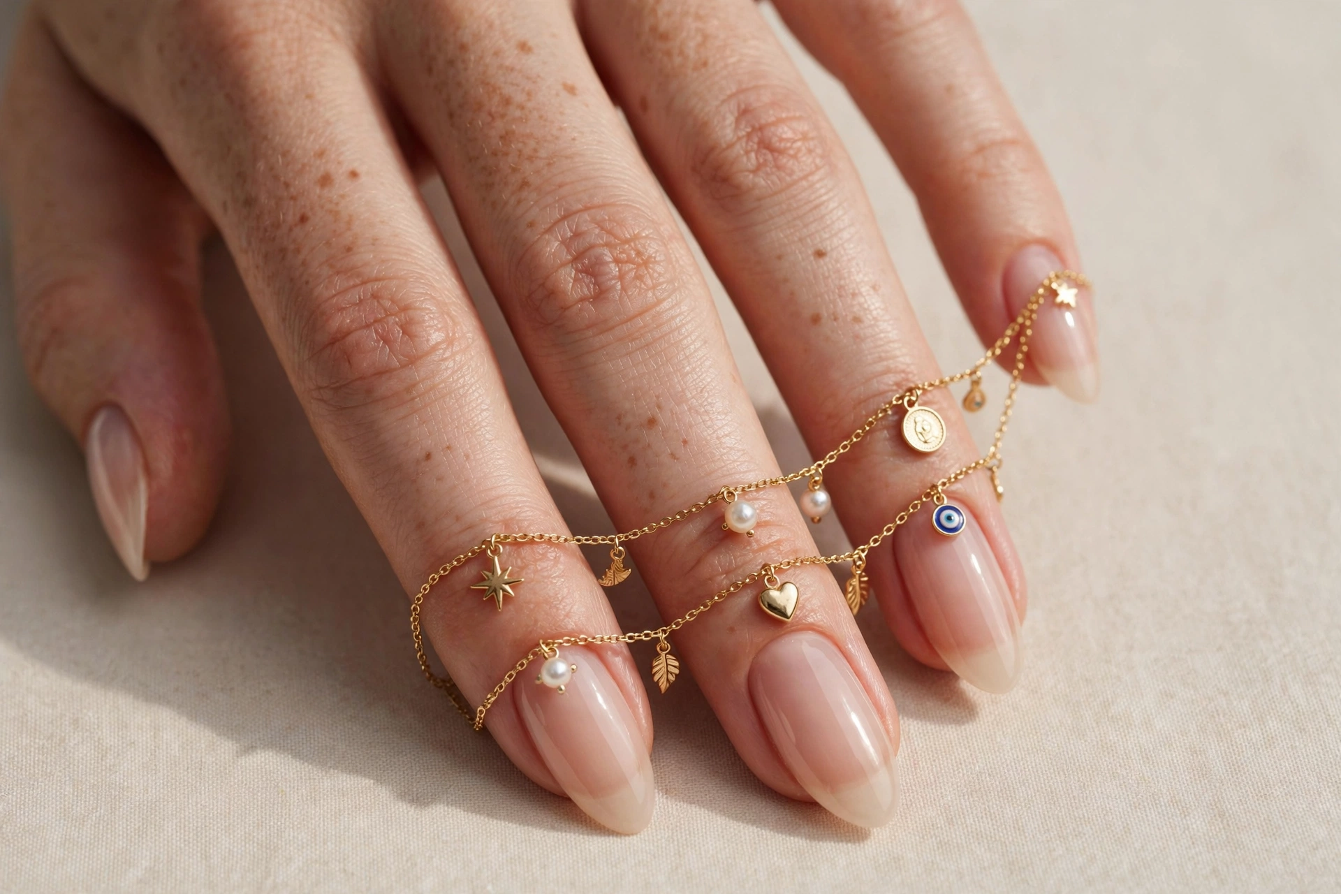 Sheer nude almond nails with draped gold chain charms