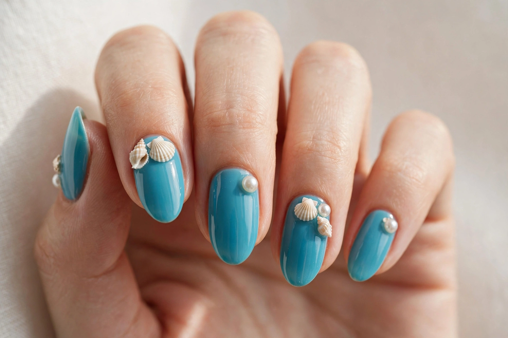 Turquoise almond nails with seashell and pearl charms
