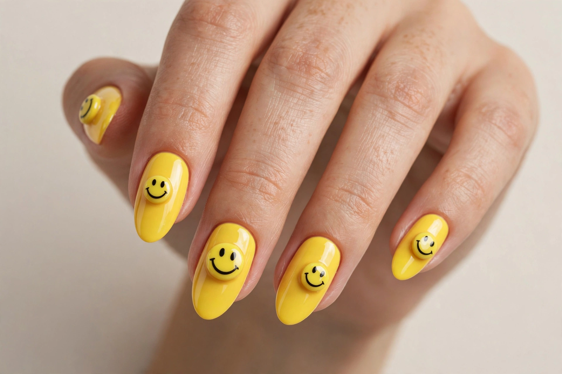 Bright yellow almond nails with smiley face charms