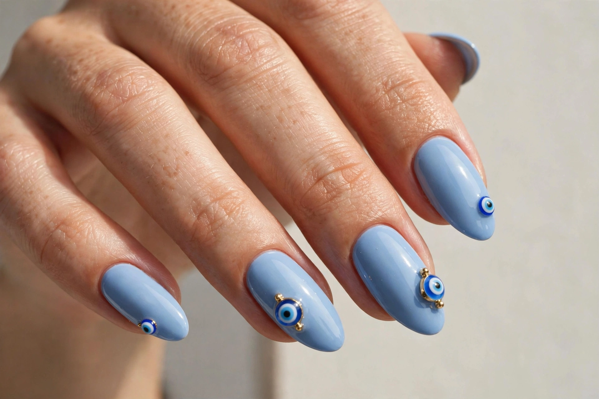 Powder blue almond nails with blue evil eye charms