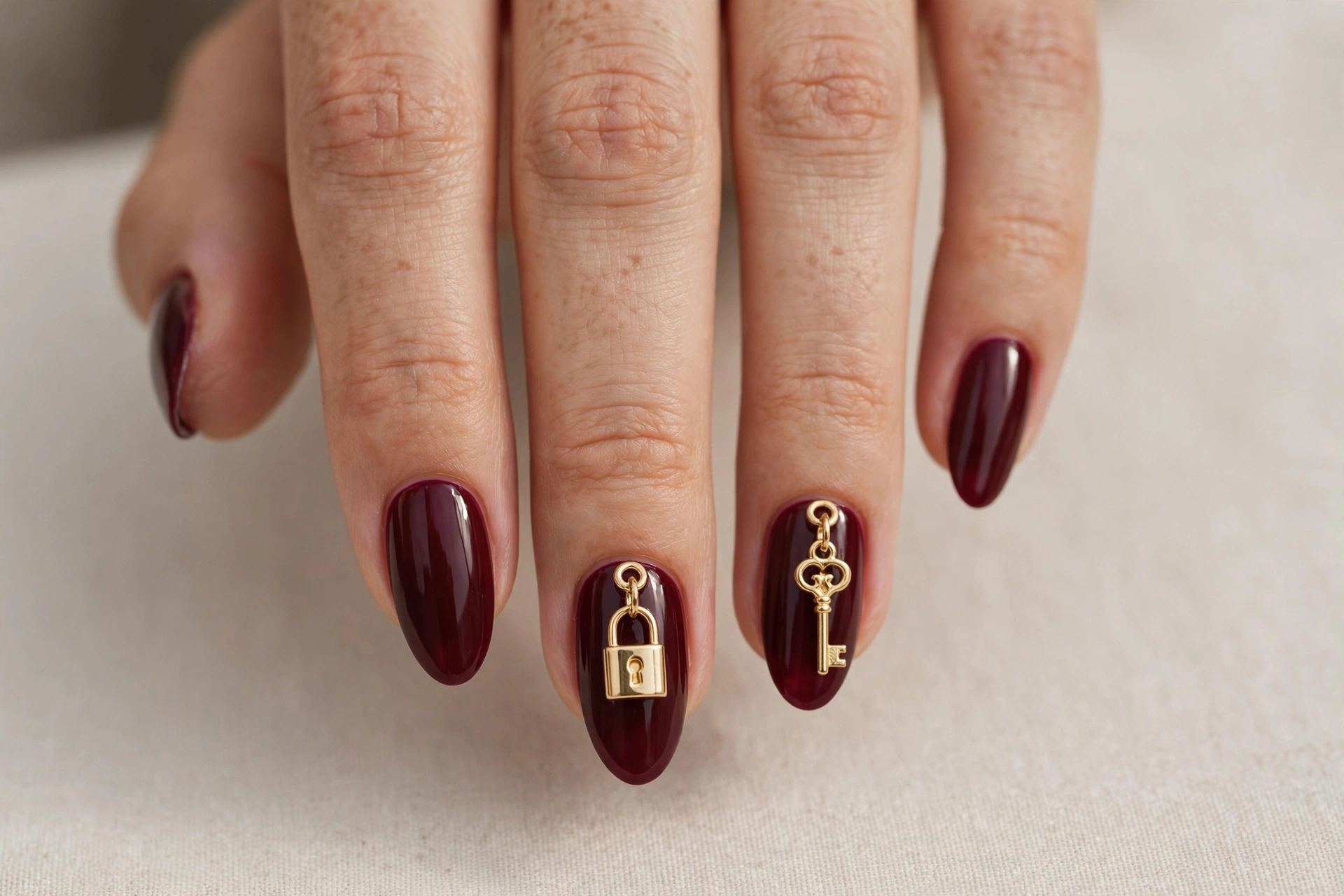 Deep burgundy almond nails with gold lock and key charms