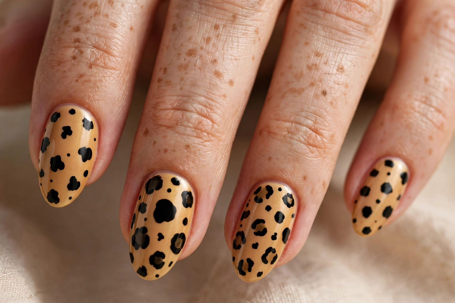 Classic golden cheetah print nail art with black spots on almond nails