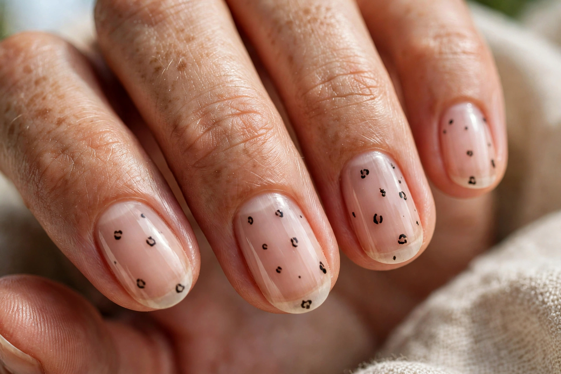 Black cheetah spots on a sheer nude manicure