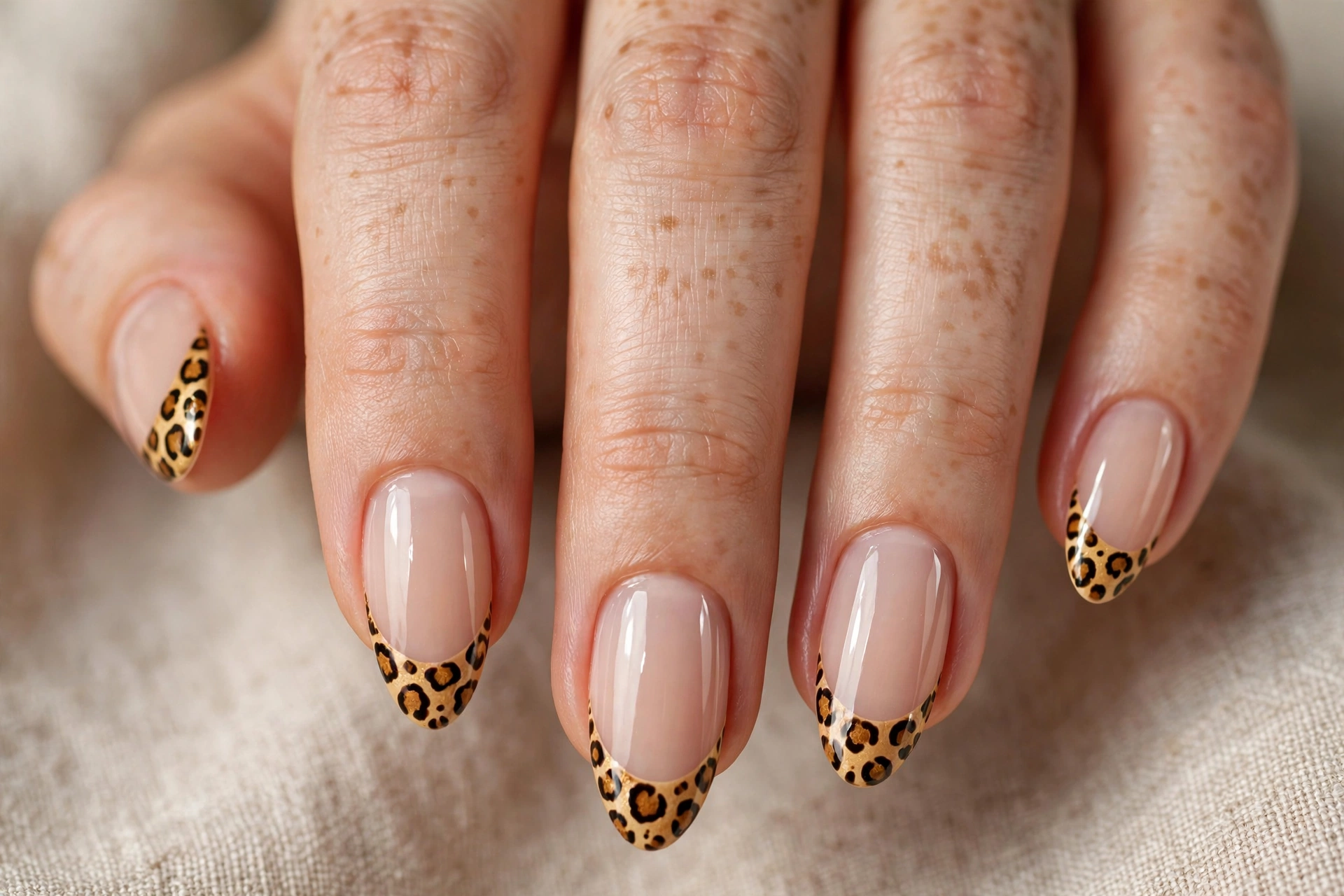 Cheetah print French tips on a nude manicure