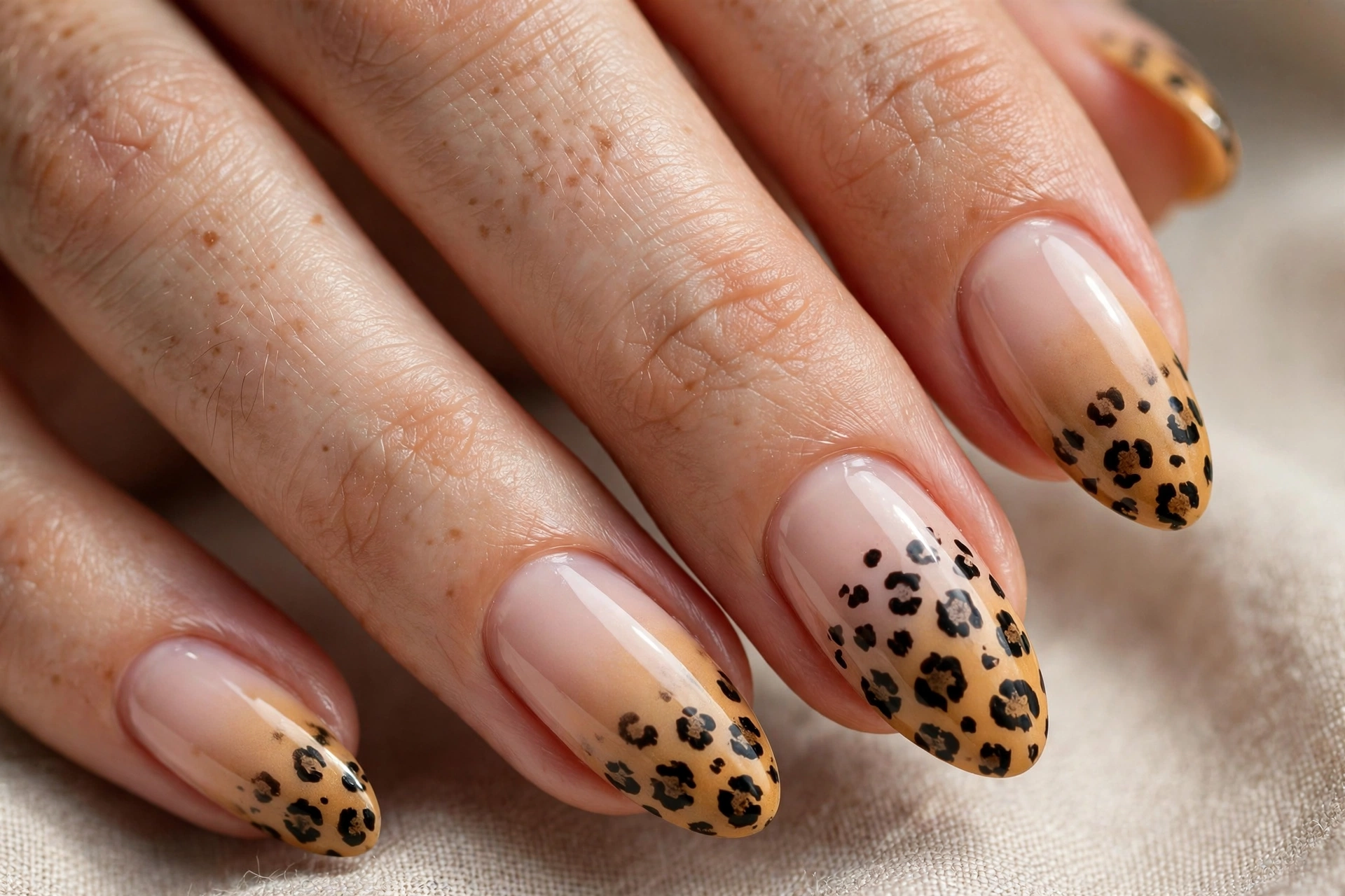 Golden to nude ombre nails with cheetah spots fading toward the cuticle