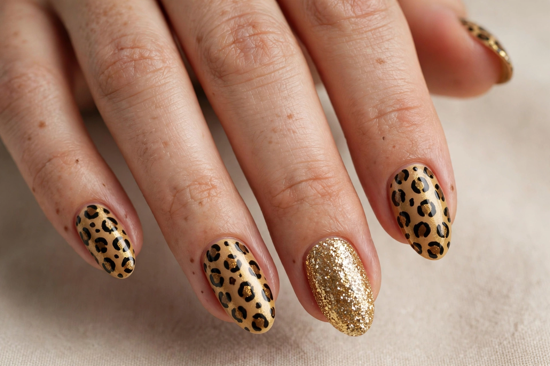 Cheetah print nails with gold glitter accent nails