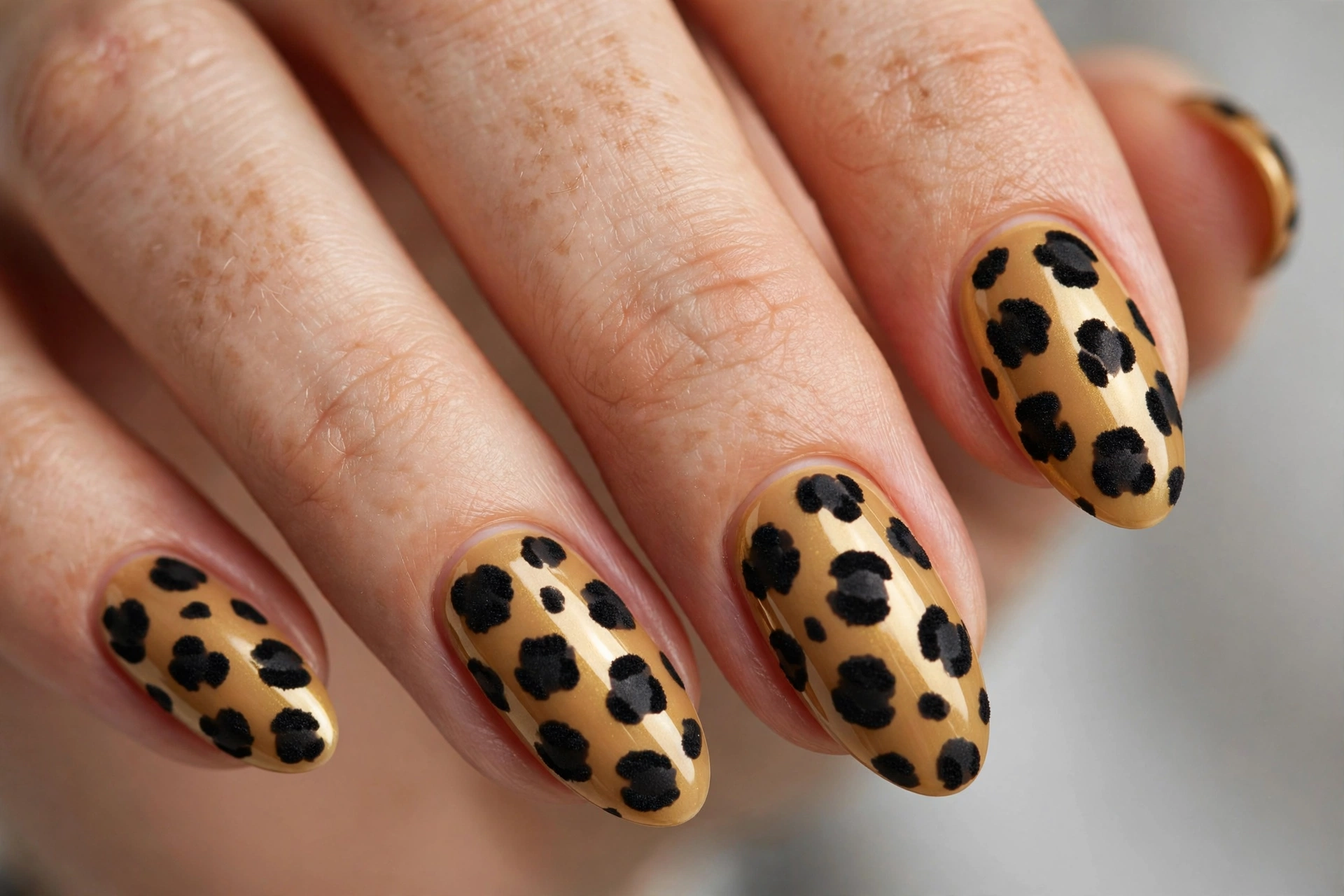 Matte black cheetah spots on golden nails with velvety finish