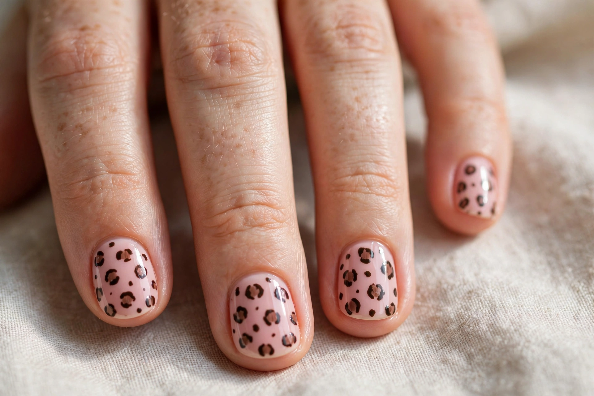 Soft pink cheetah print nail art with dark brown spots