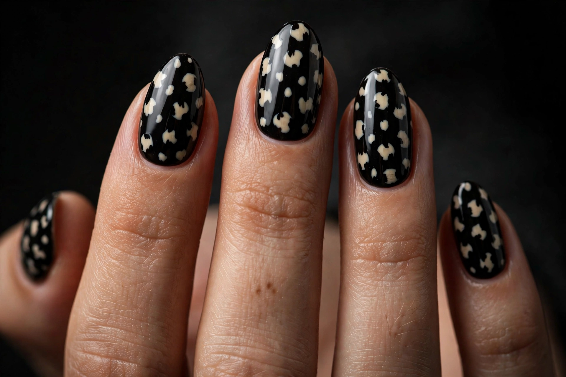 White cheetah spots on glossy black nails