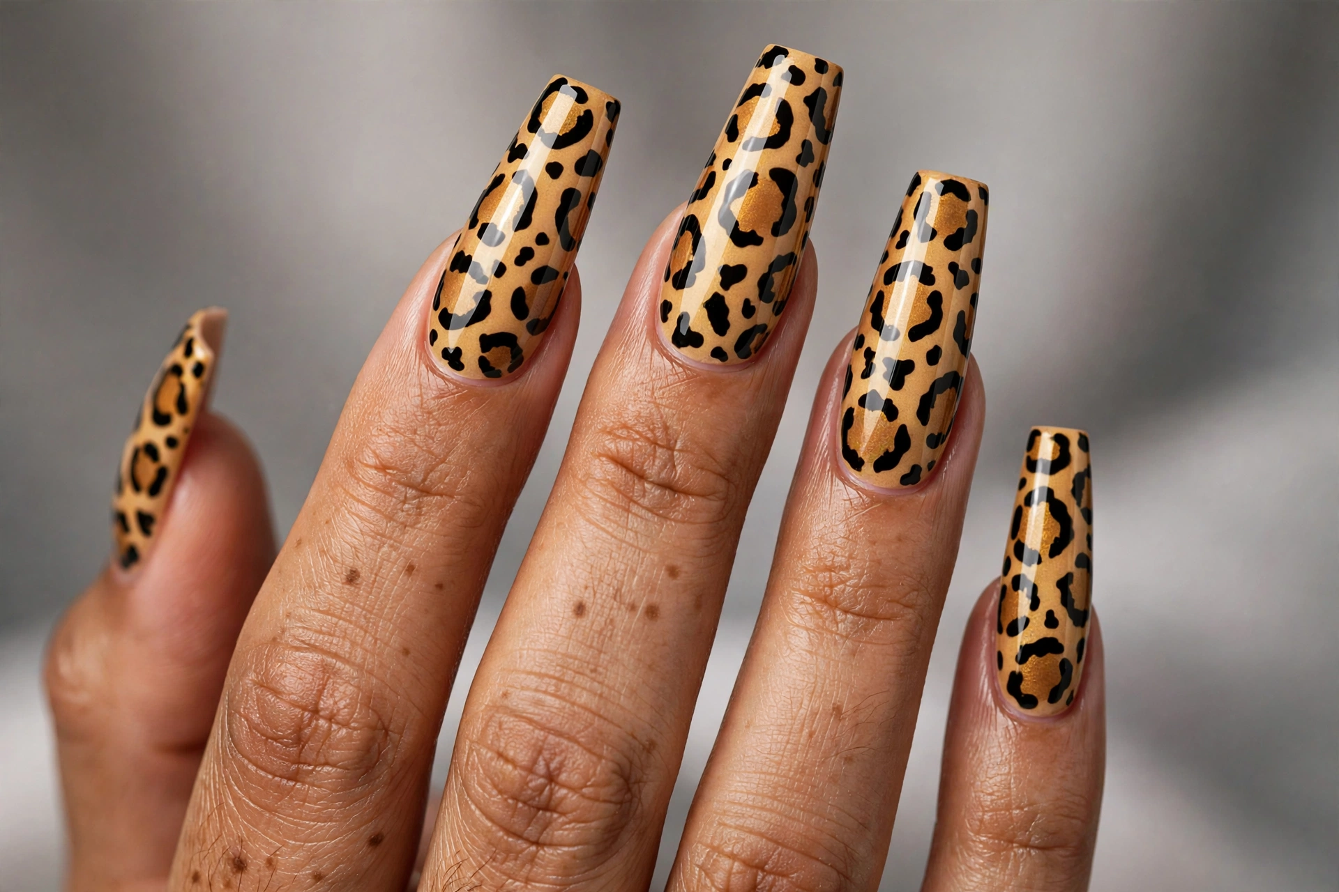 Bold cheetah print on long coffin shaped nails