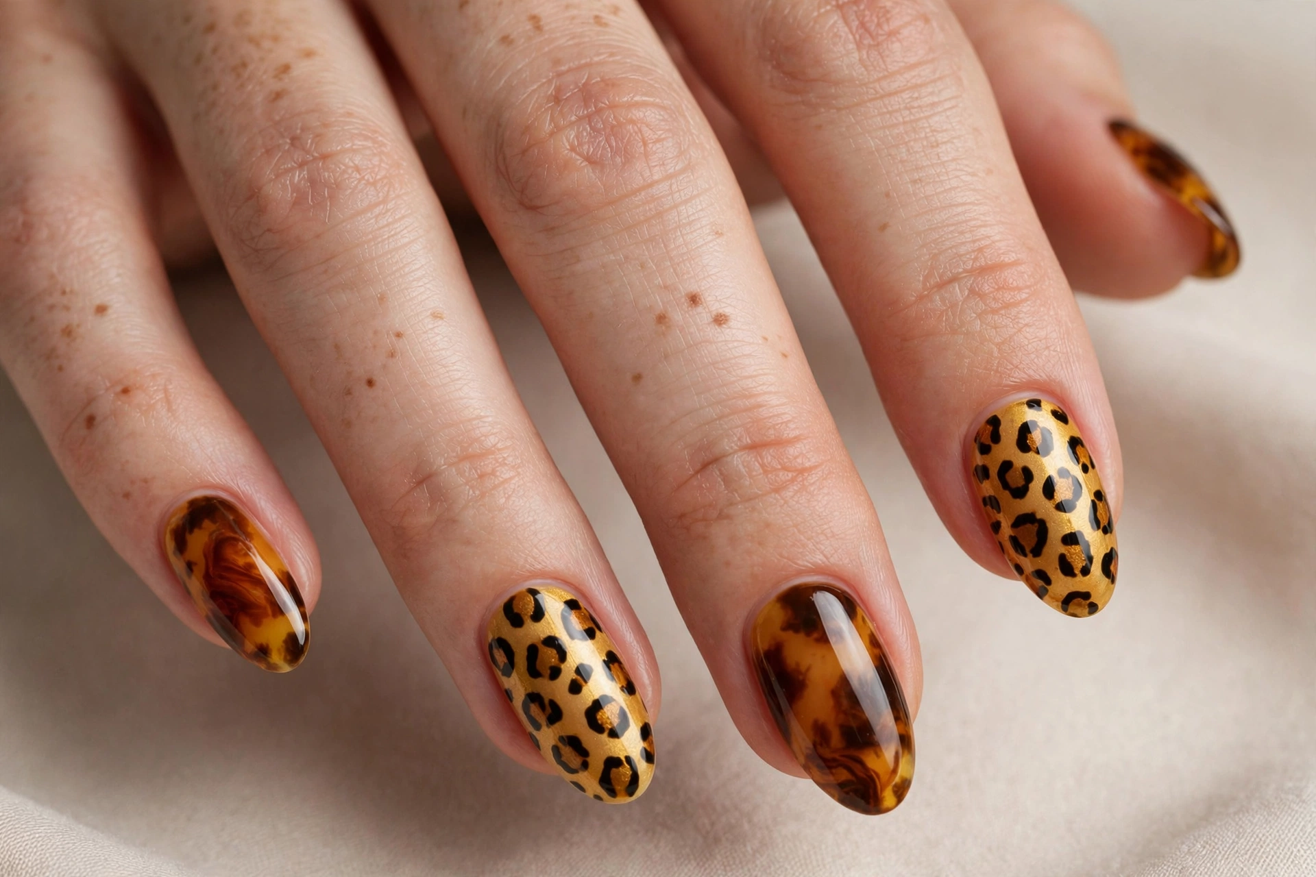 Tortoiseshell nails mixed with cheetah print accent nails