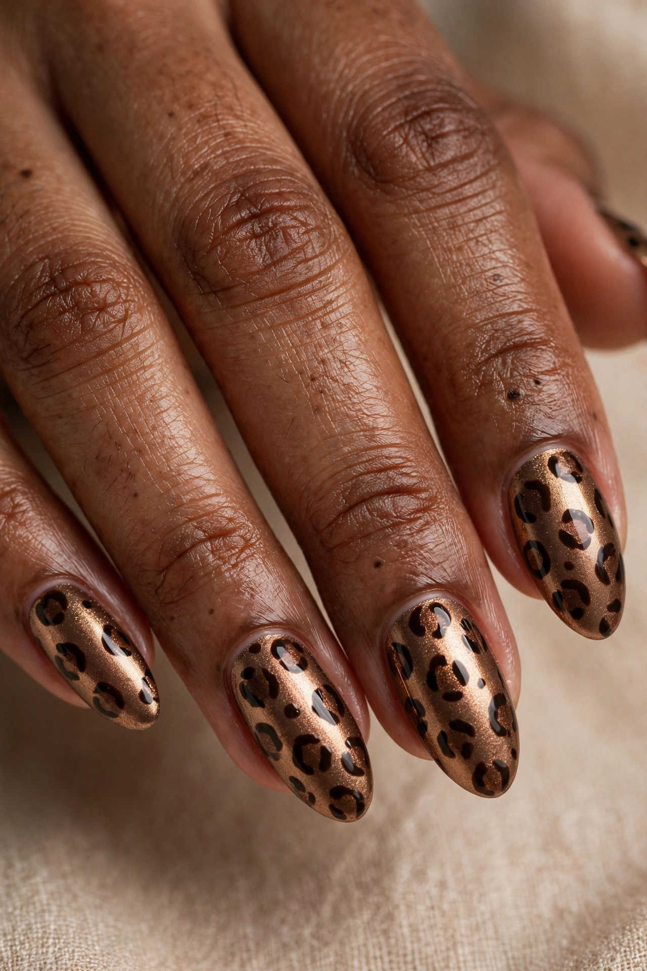 Bronze metallic cheetah print nail art with shimmering base