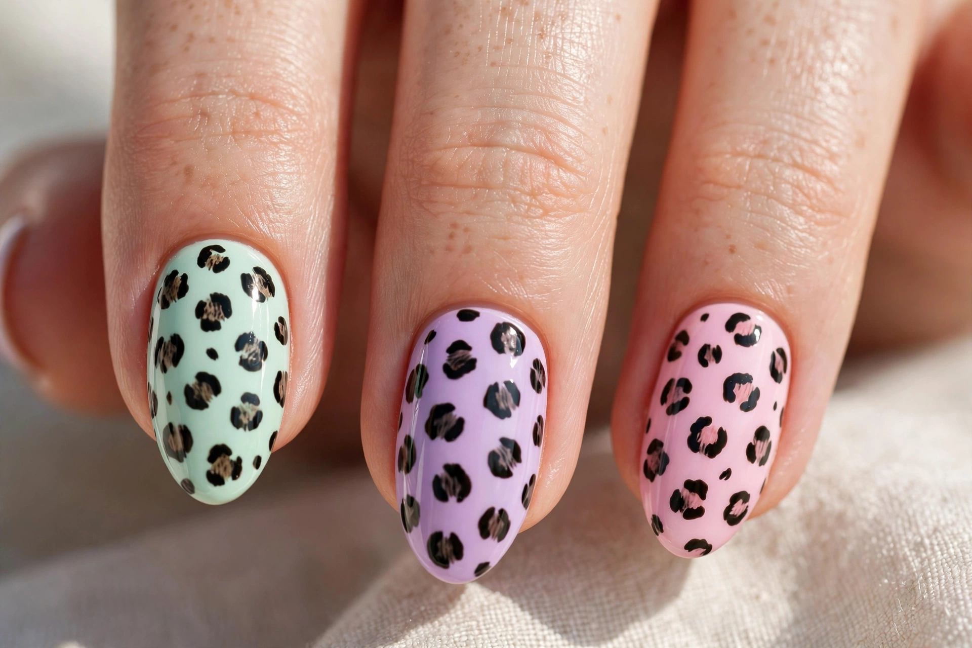Pastel cheetah print with mint and lilac spotted nails
