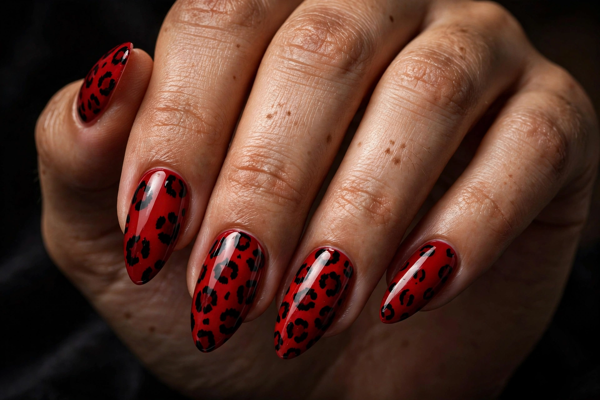 Red cheetah print nail art with black spots on almond nails