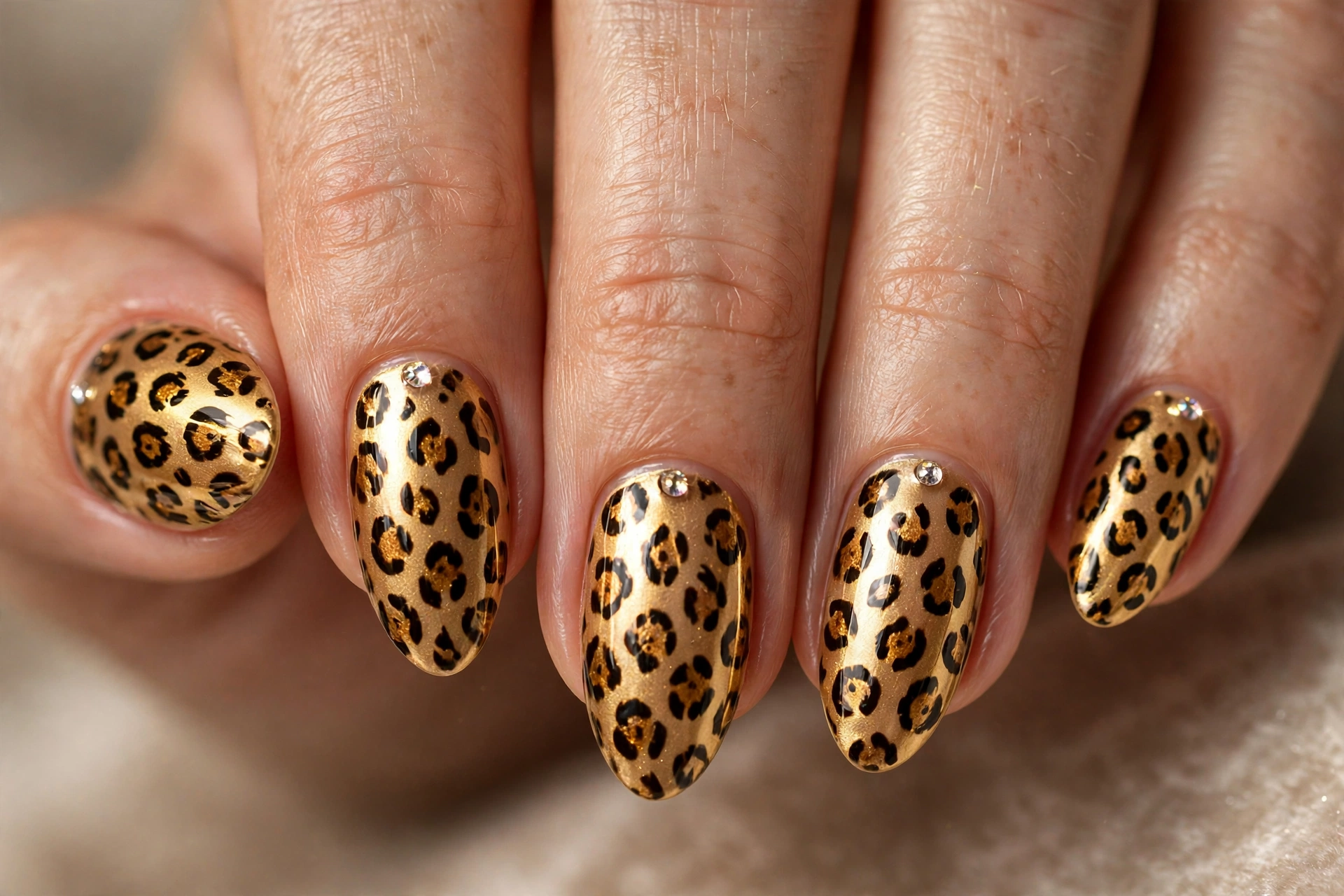 Cheetah print nails decorated with small rhinestone crystals