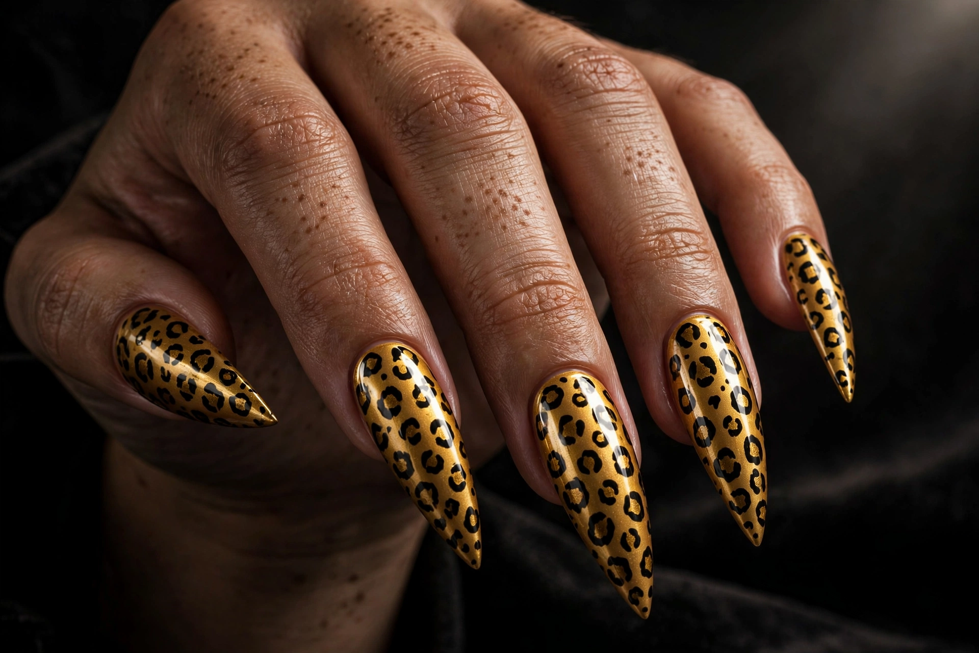Cheetah print on sharp stiletto shaped nails