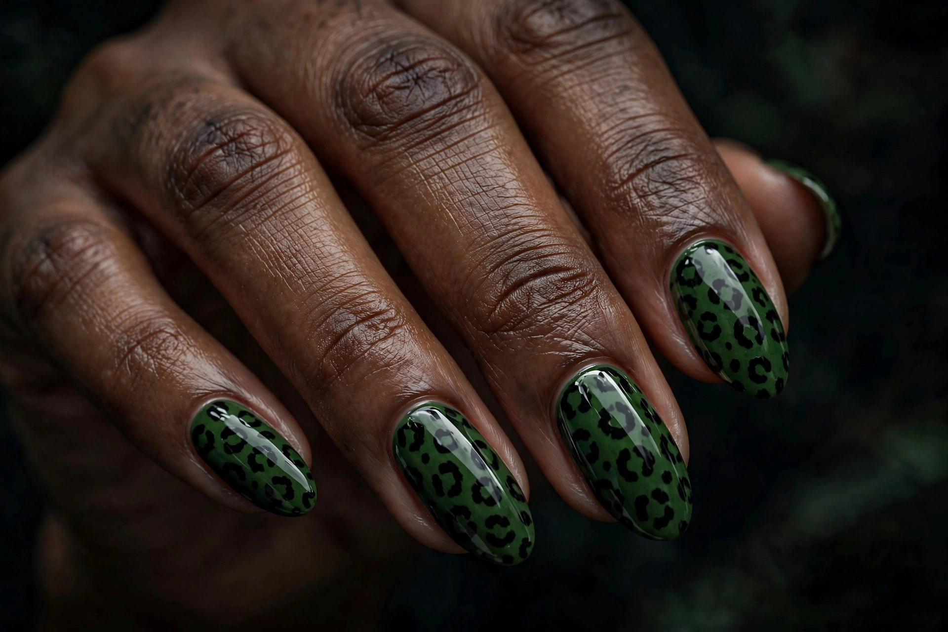 Deep green cheetah print nail art with black spots
