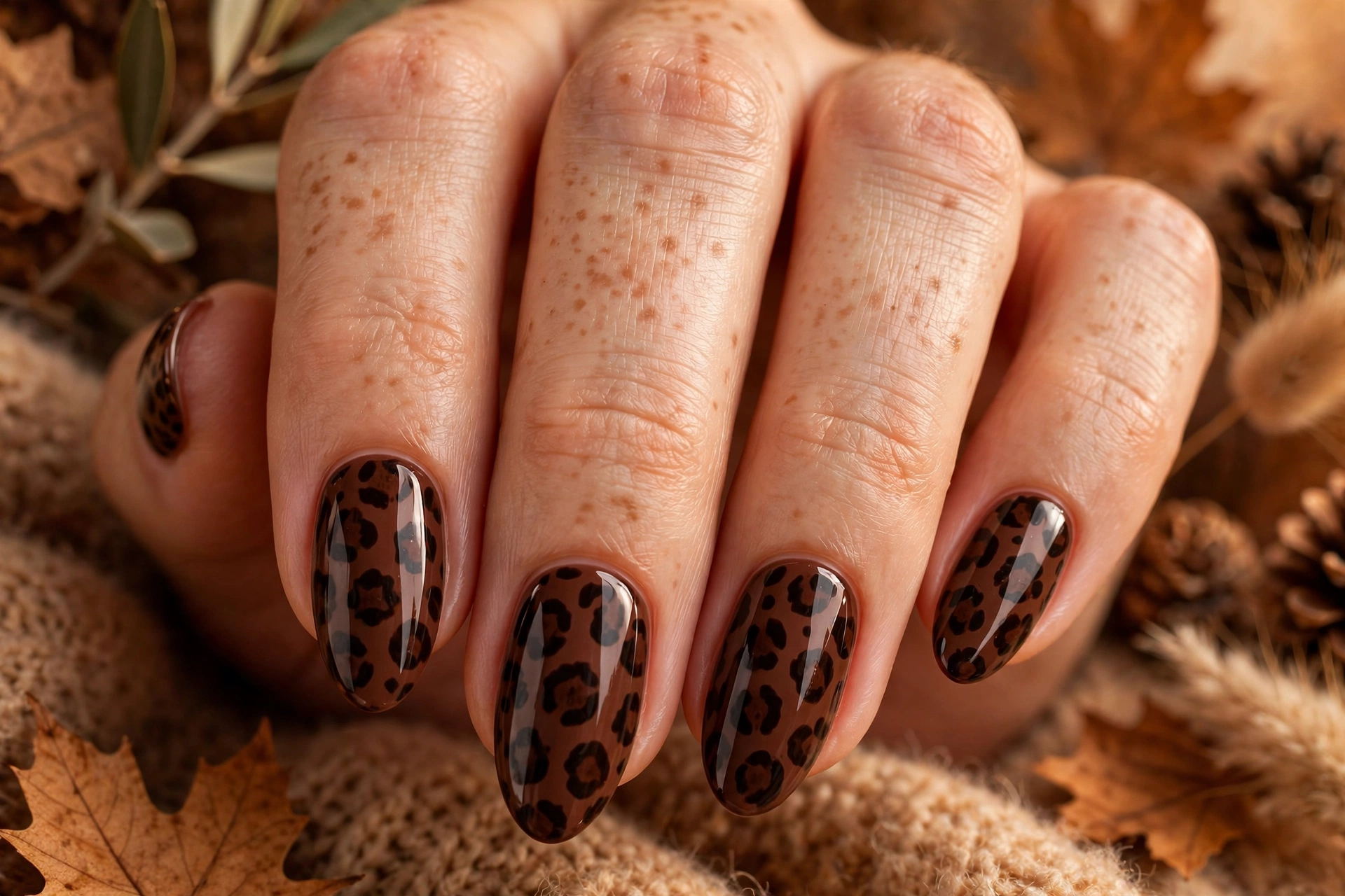 Chocolate brown cheetah print nail art with dark spots
